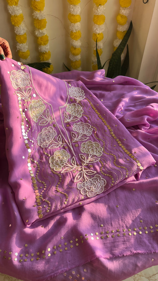 Lavender mukaish and Cut Dana Kurta and Dupatta