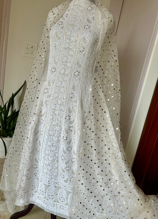 Chikankari and mukaish anarkali with organza dupatta