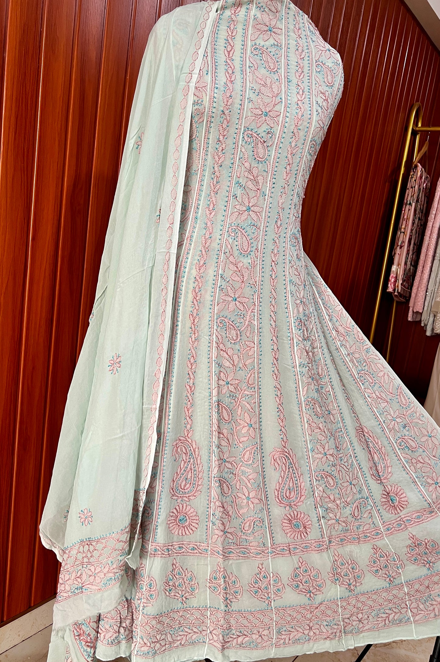 Sea Green Resham Chikankari Embroidered Anarkali with Dupatta