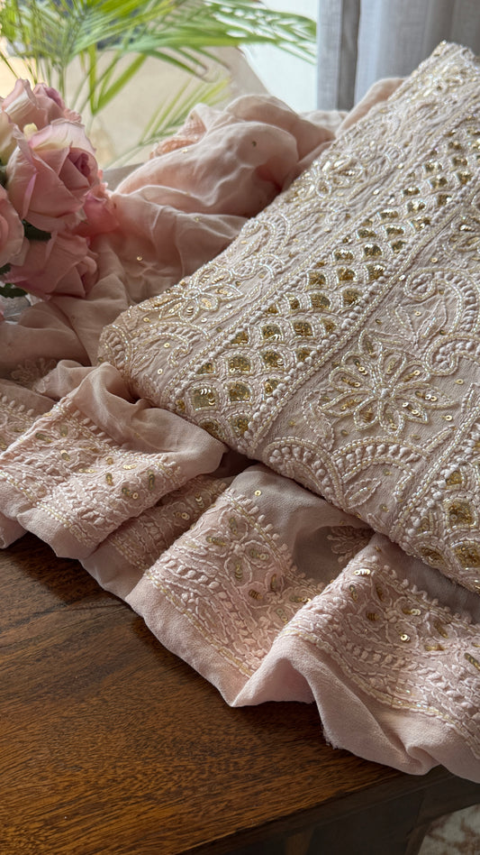 Ruhani Dusty Peach Chikankari Sequins and Cut Dana Anarkali