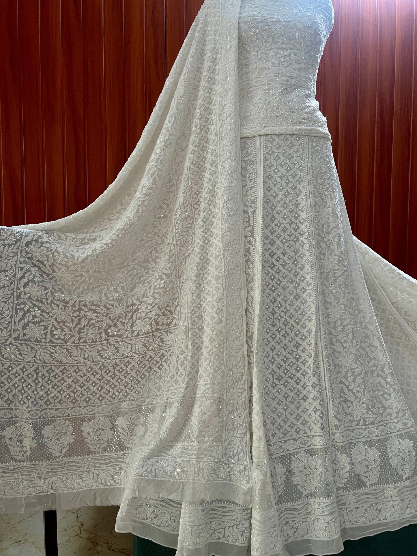 Ruhani White Chikankari Cut Dana Pearl Sequins Wedding Lehenga