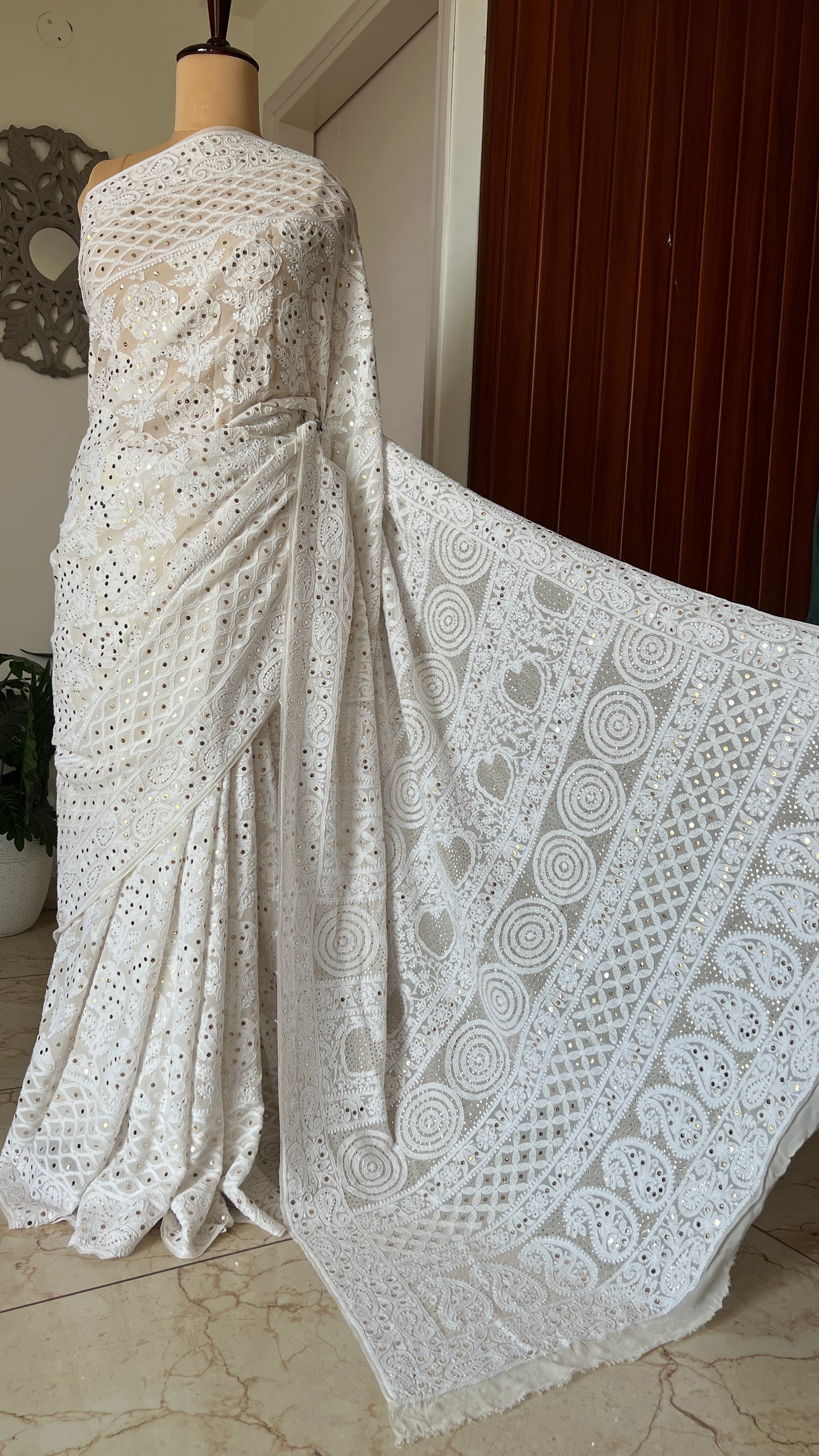 Ruhani Ivory Allover Fine Chikankari and Mukaish Saree