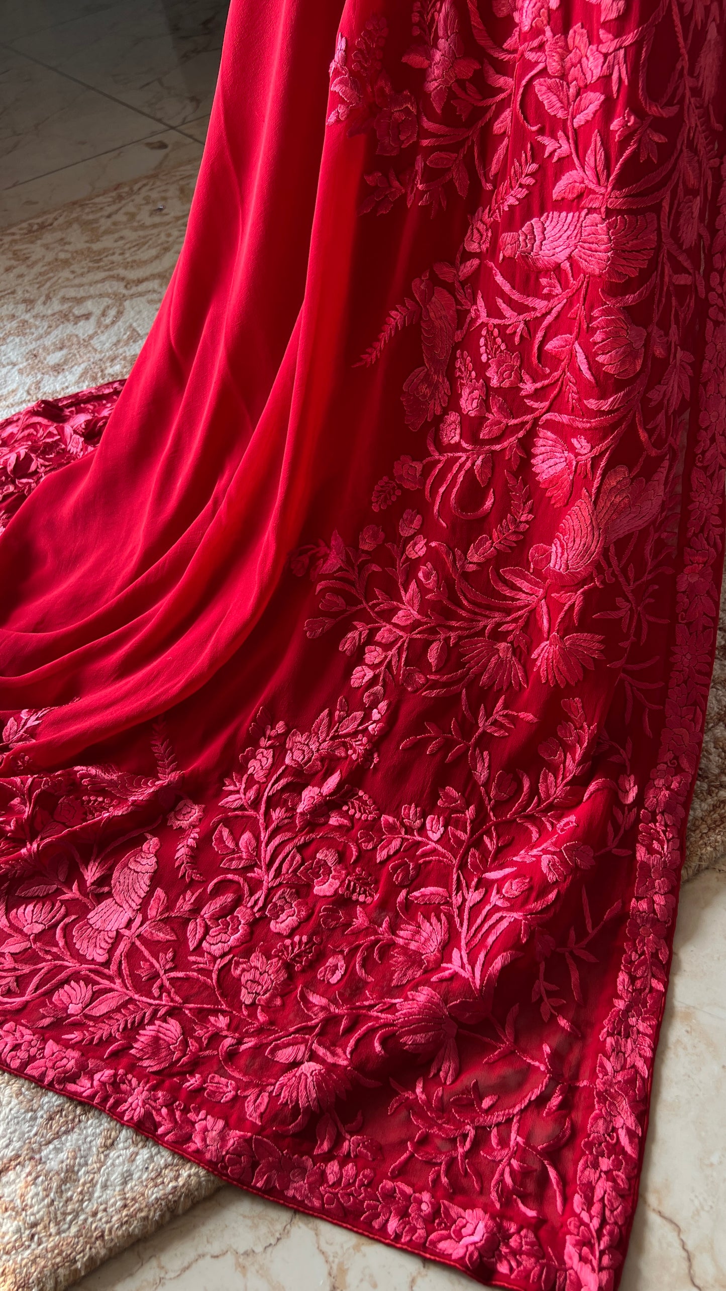 Roja Red pure georgette saree with parsi gara hand embroidery