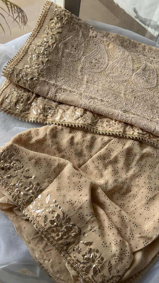 Ruhani Golden Beige Badla Mukaish and chikankari Pure Georgette Saree