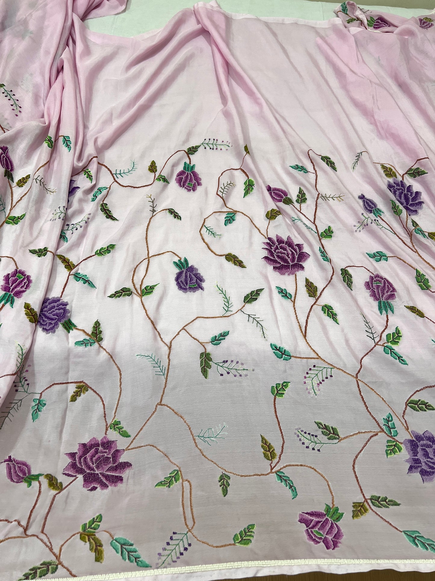 Lilac Pink Masterpiece Petit Point Hand Embroidered Saree