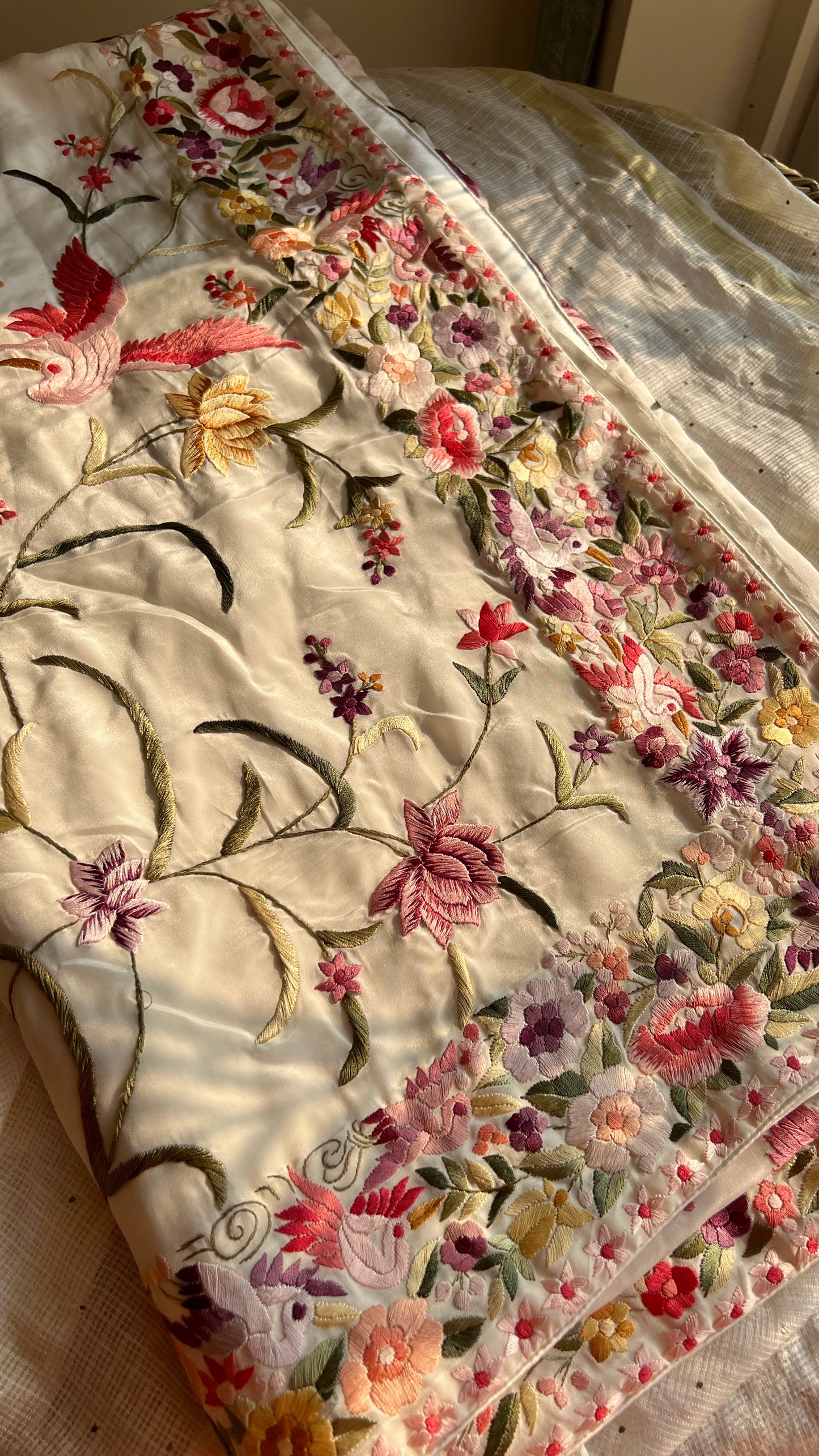 Ivory Parsi Gara Allover Hand Embroidered Saree on Pure Crepe