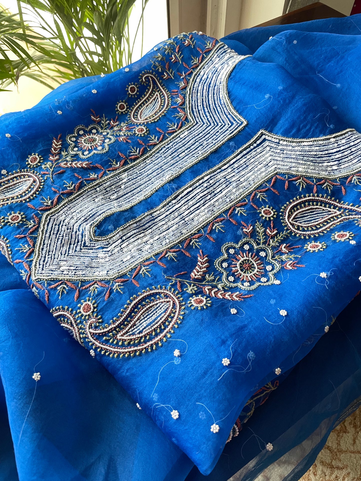 Royal Blue Chikankari pearl sequins pure Organza kurta with dupatta