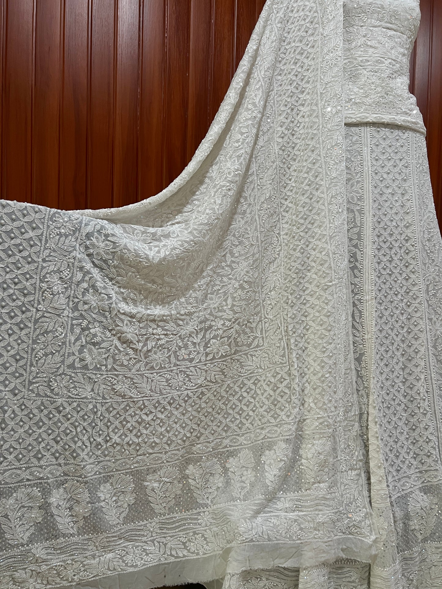 Ruhani White Chikankari Cut Dana Pearl Sequins Wedding Lehenga