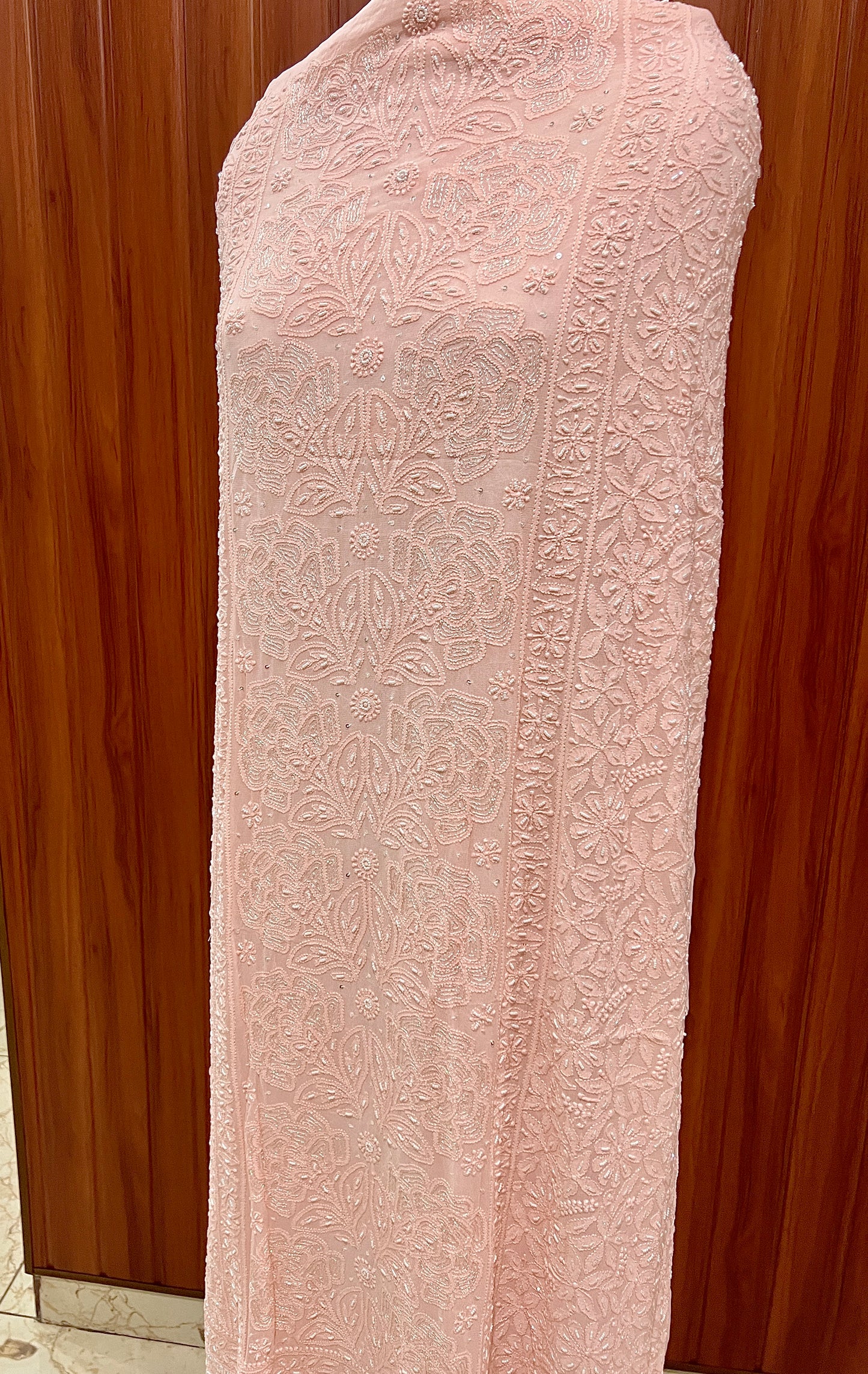 Peachy Chikankari Pearl work kurta and dupatta set