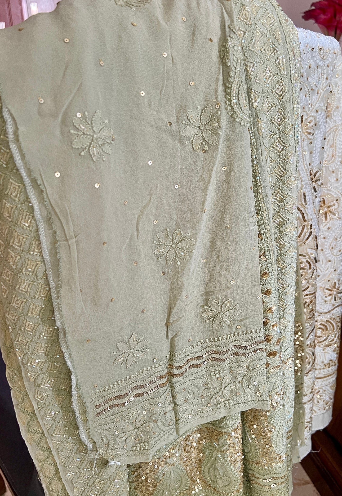 Ruhani Sage green Chikankari Sequins and Cut Dana Anarkali