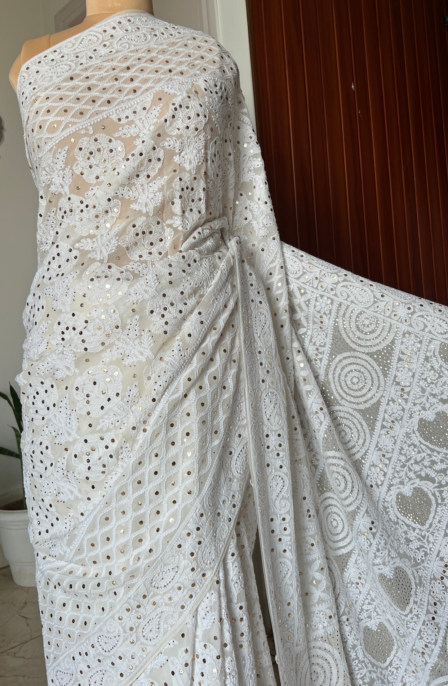 Ruhani Ivory Allover Fine Chikankari and Mukaish Saree