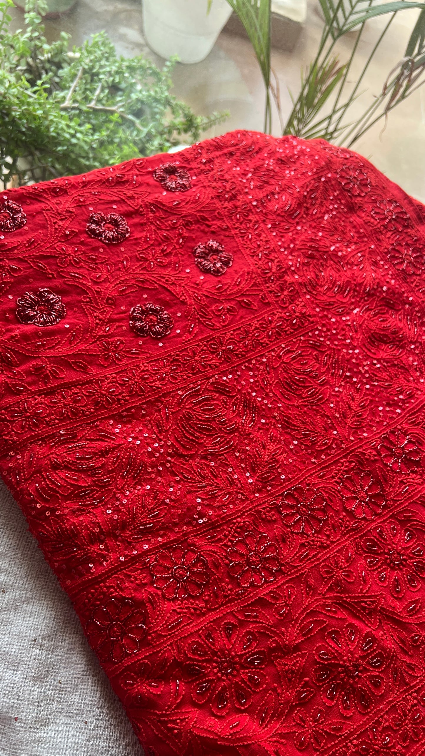 Red Masterpiece Chikankari Cut Dana Sequins Saree
