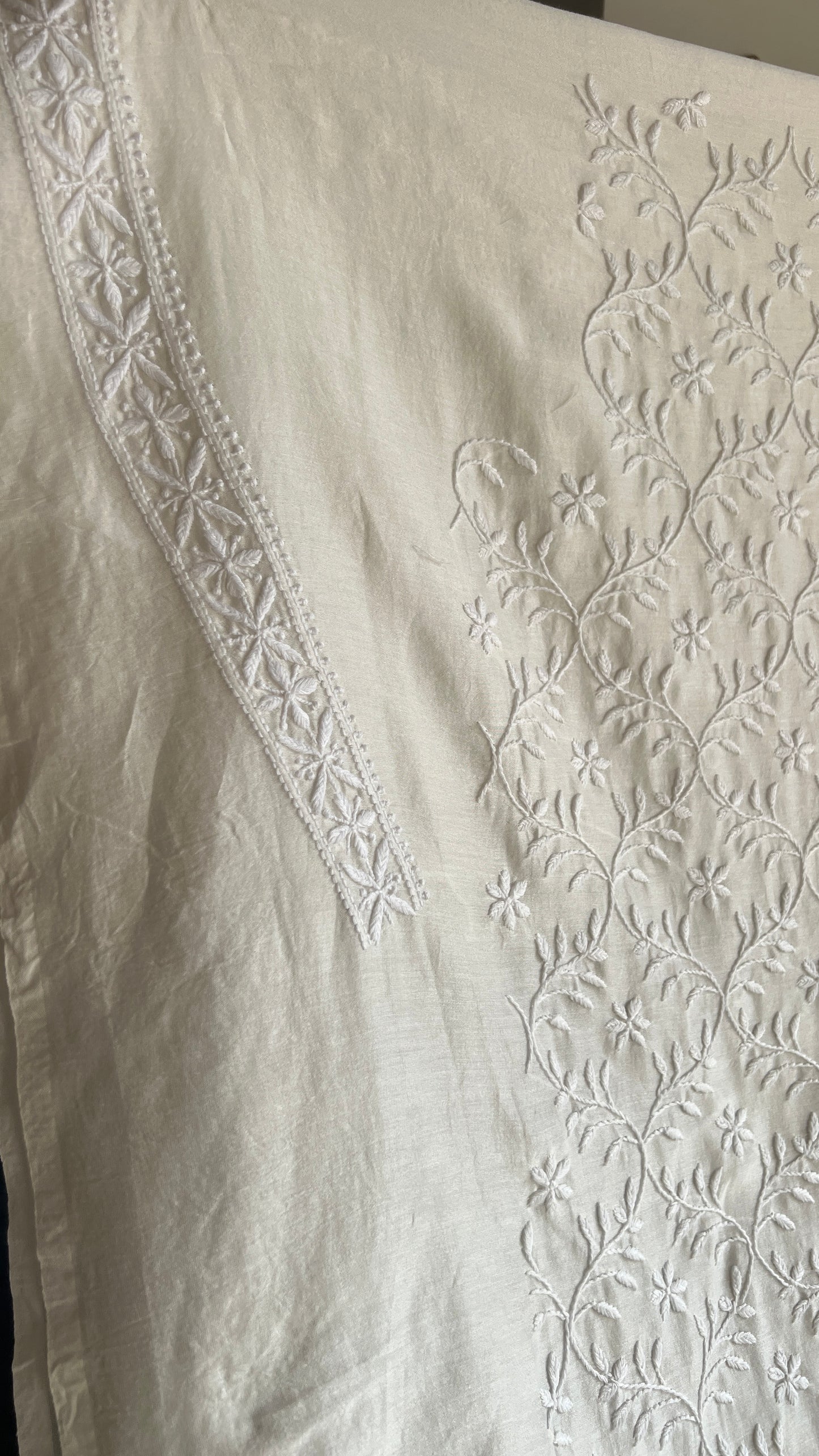 Ivory Chanderi Silk Men's Kurta fabric with fine Chikankari