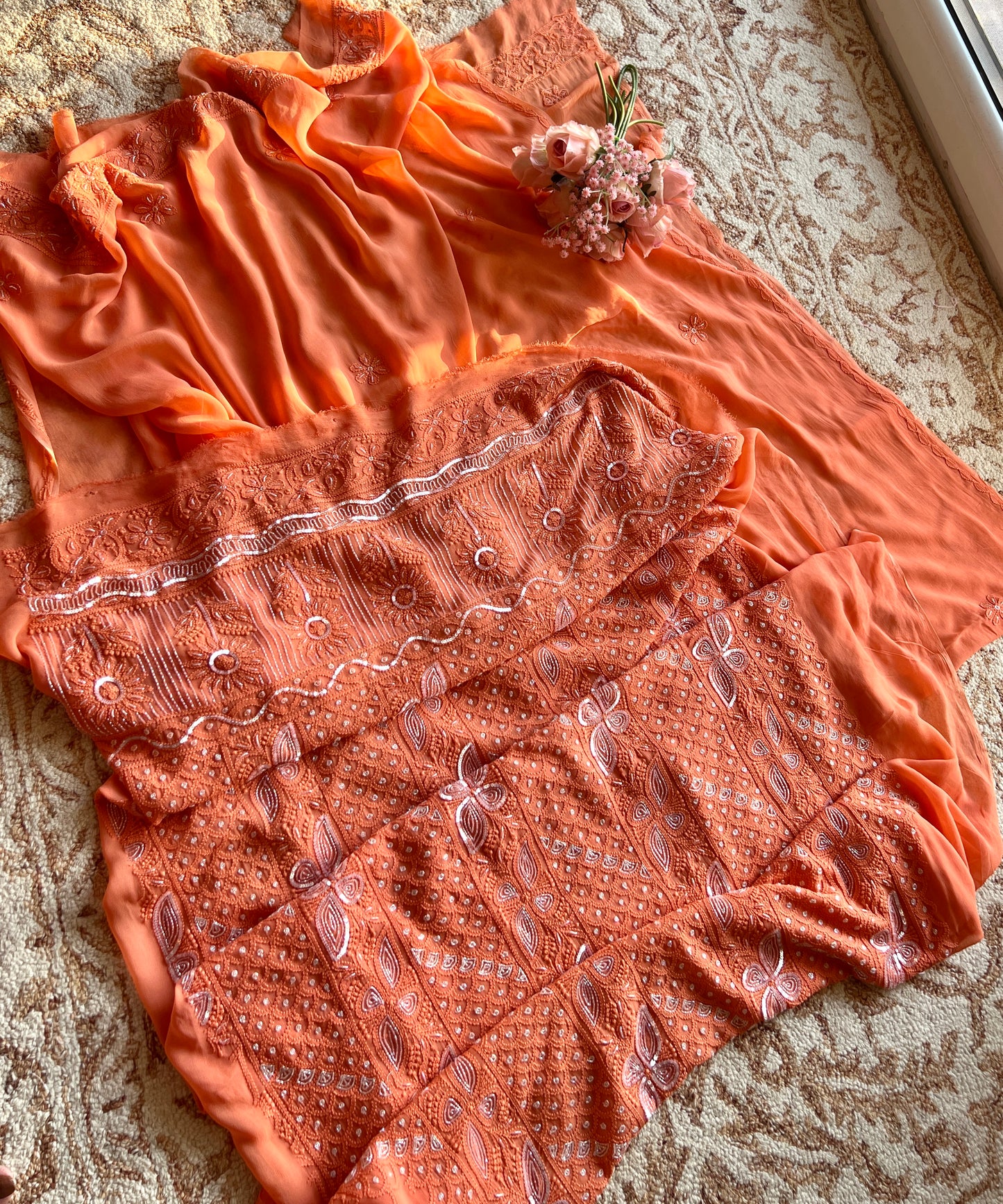 Orange Chikankari Cut Dana and sequins work Kurta and Dupatta