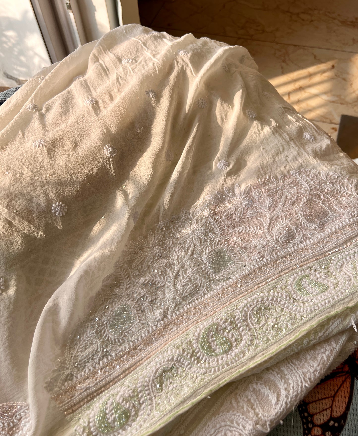 Ruhani Ivory Chikankari Multi Cut Dana and Sequins Saree