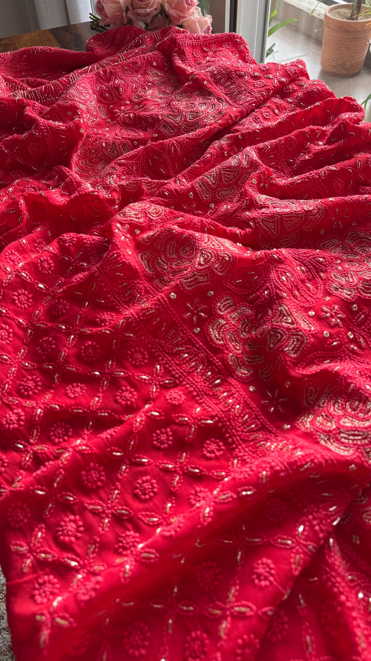 Gajri Red Chikankari golden Cut Dana and aari work Kurta and Dupatta