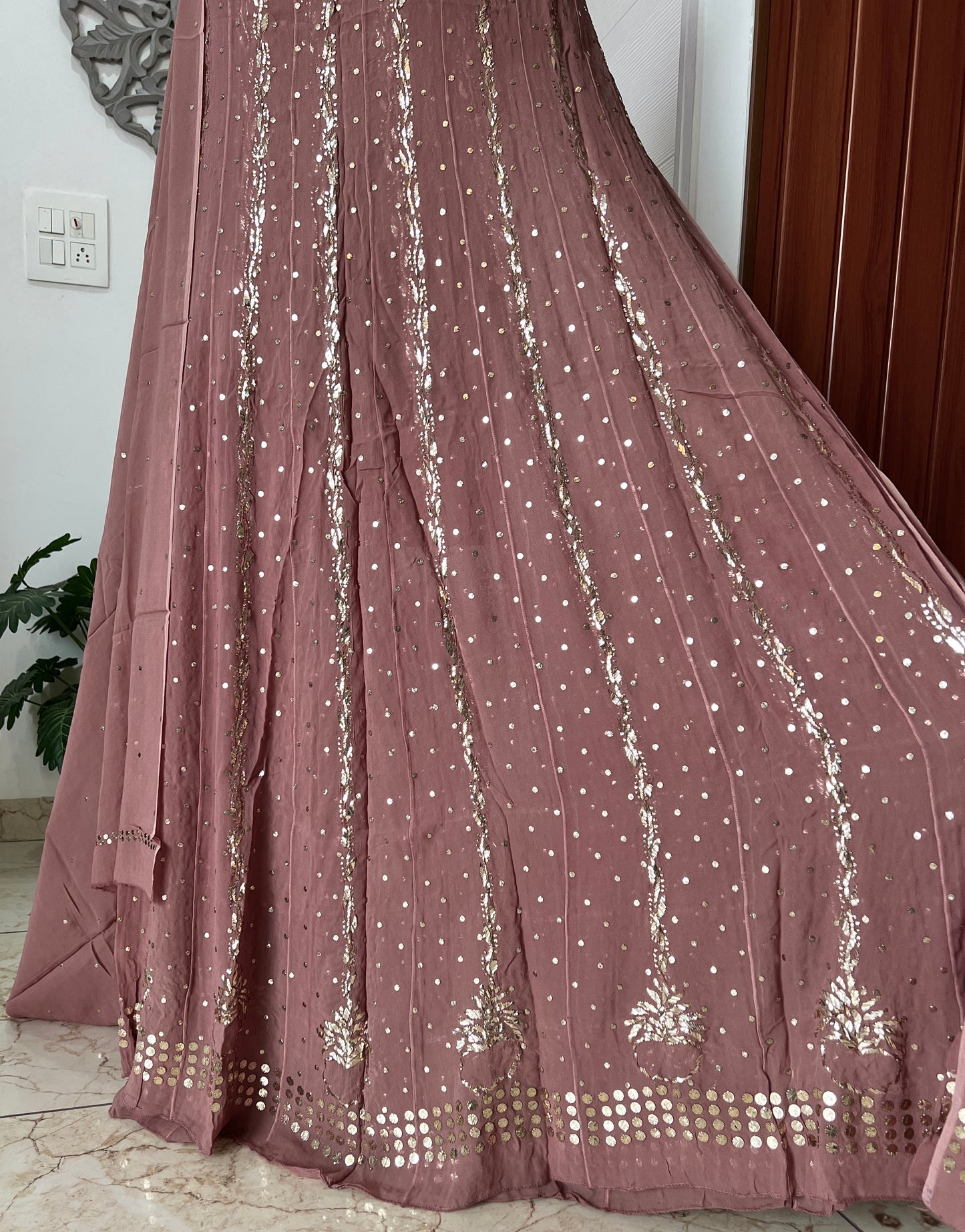 Taupe designer Mukaish Georgette Anarkali with Dupatta