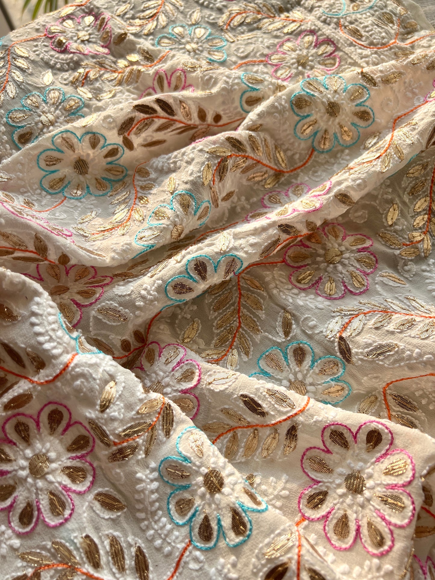 Ruhani Ivory Chikankari multicolored resham and gota patti pure georgette wedding dupatta