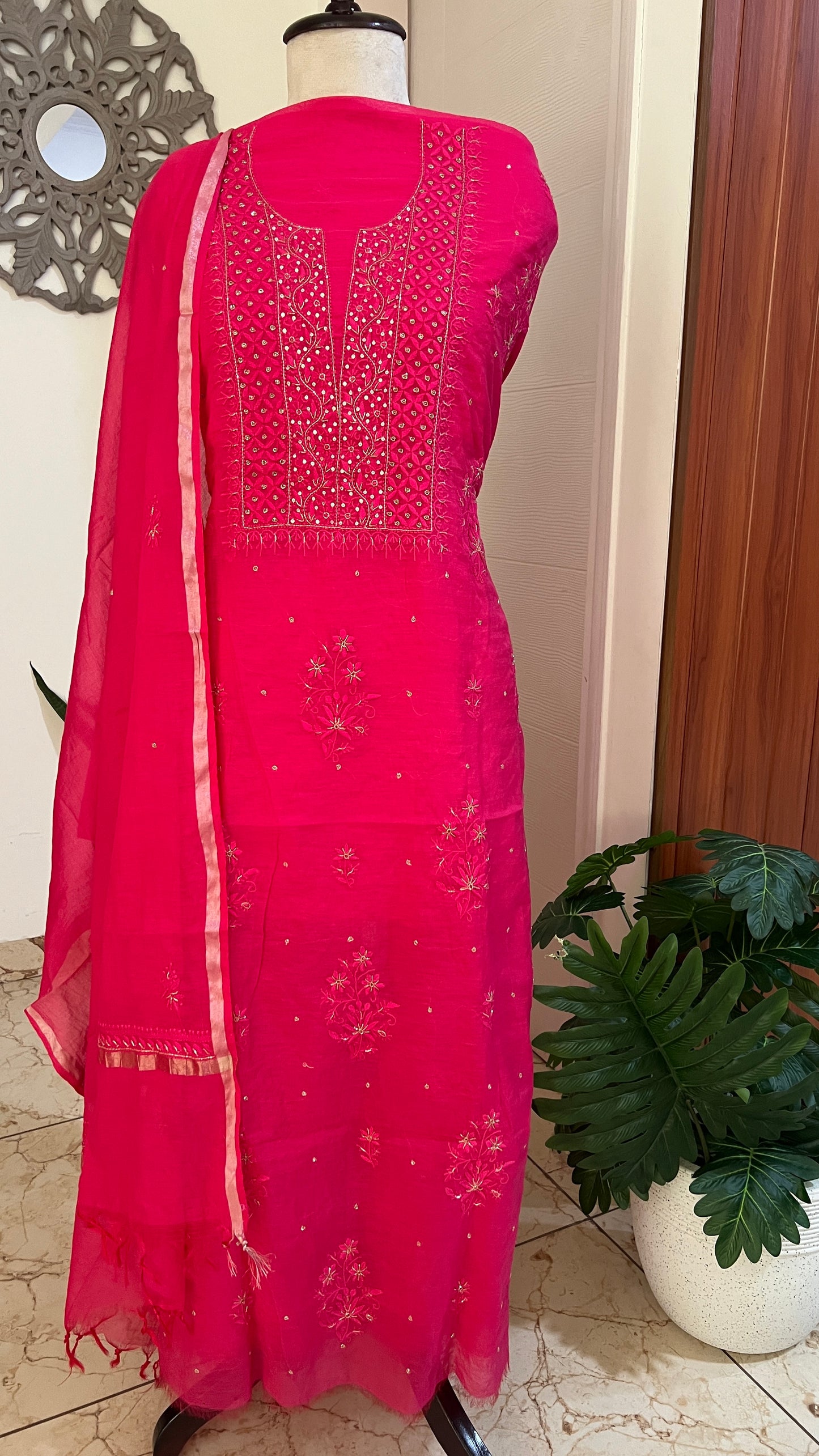 Mul Chanderi Chikankari Kurta and Dupatta Set