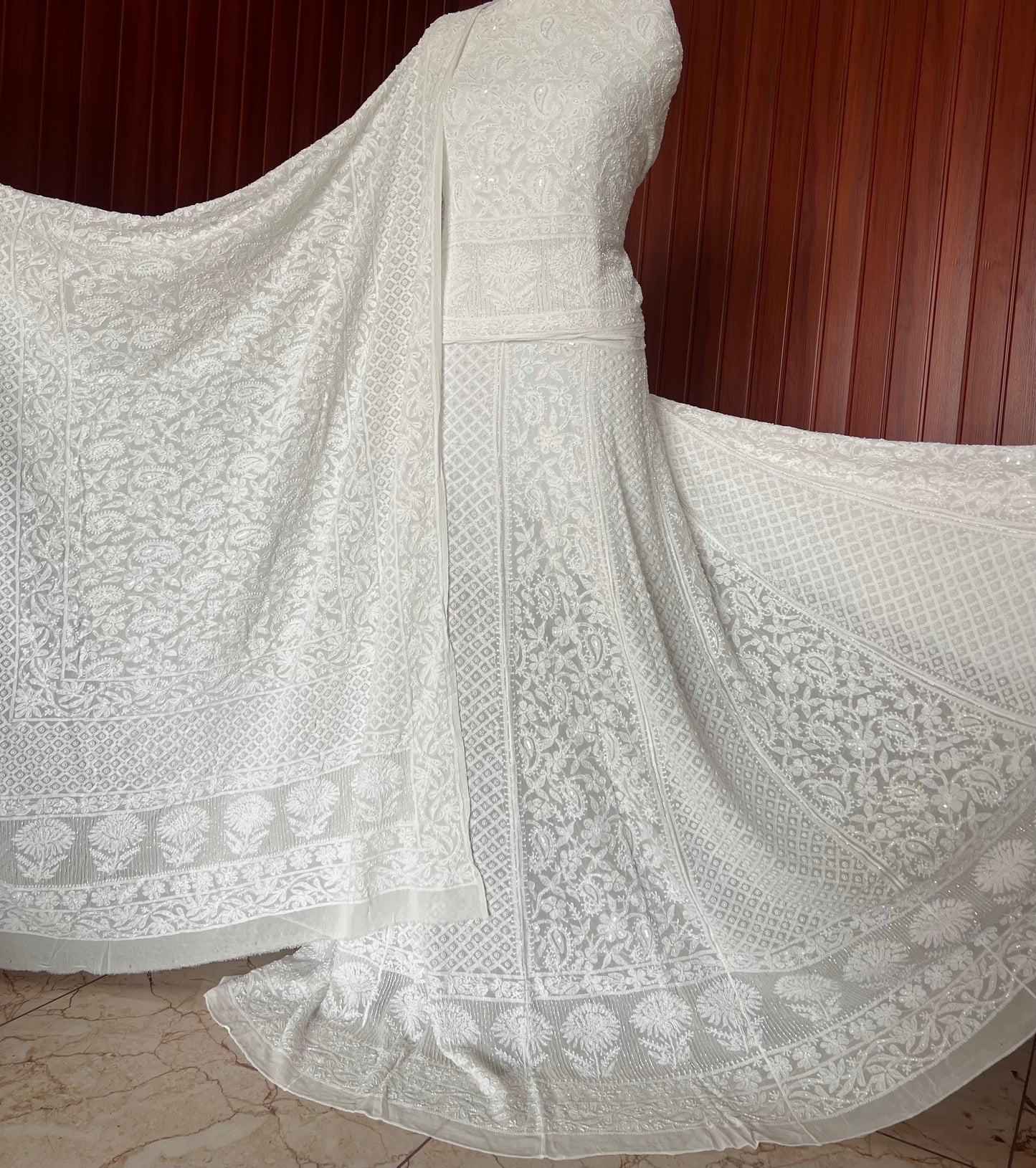 Ruhani White dyeable Chikankari Cut Dana Pearl Sequins Wedding Lehenga