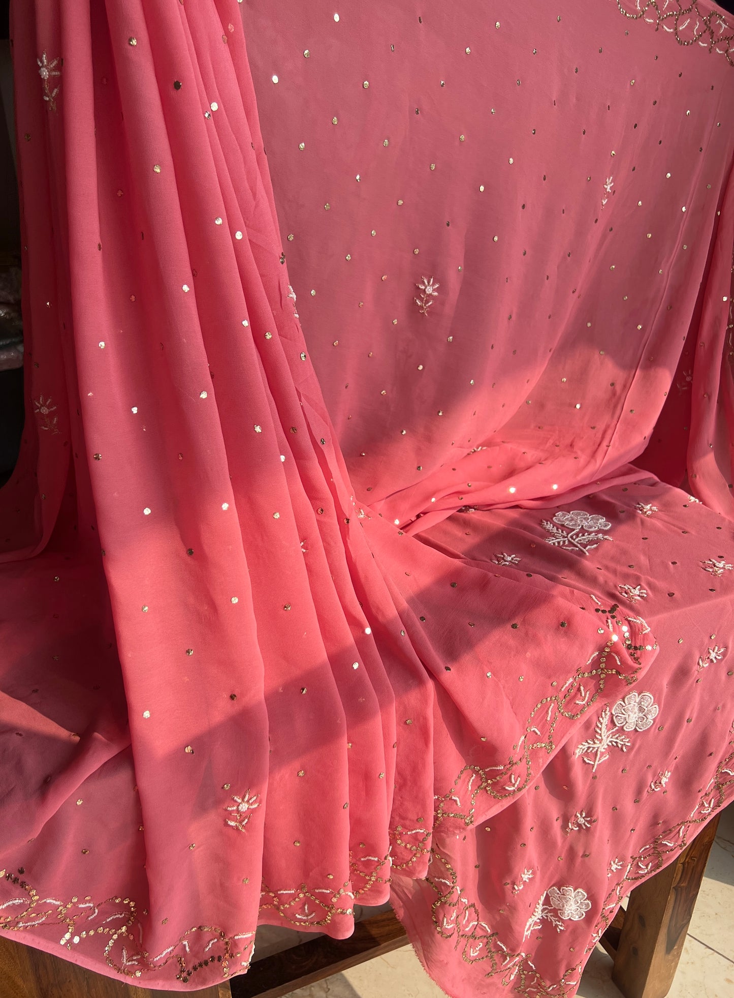 Rouge Pink georgette Saree with Mukaish and pearl work