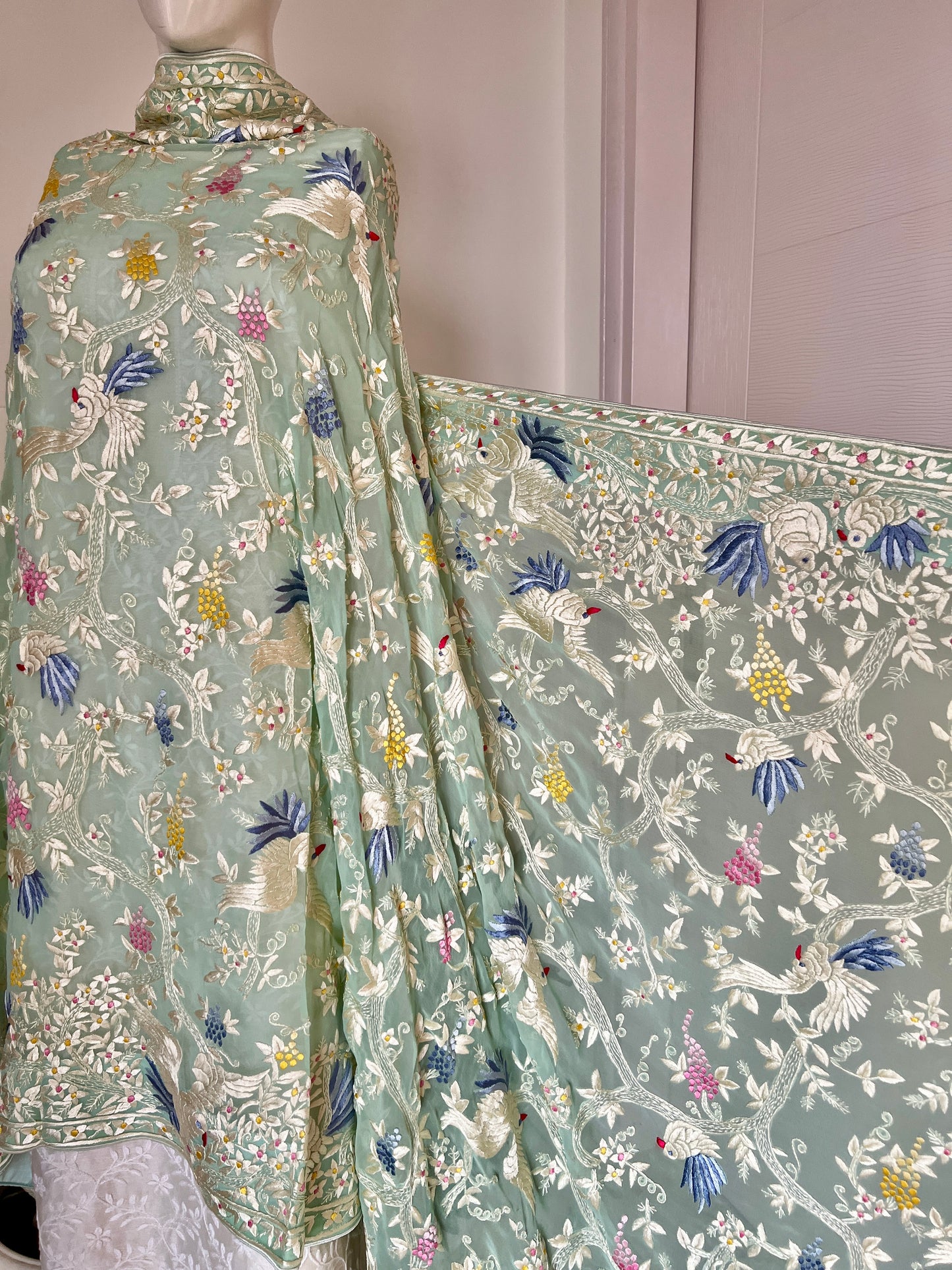 Mint green masterpiece Parsi Gara Dupatta Hand Embroidered