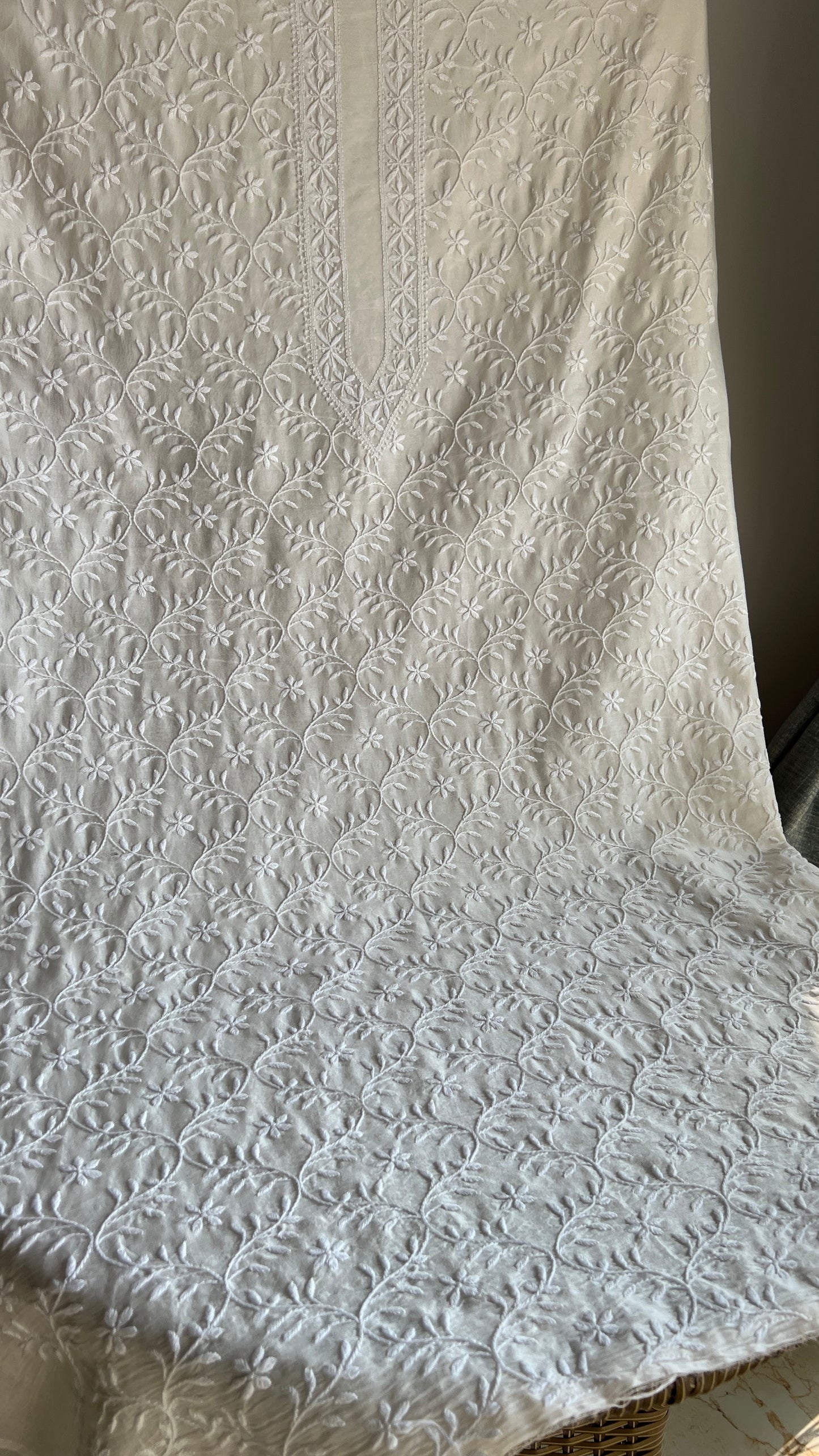 Ivory Chanderi Silk Men's Kurta fabric with fine Chikankari