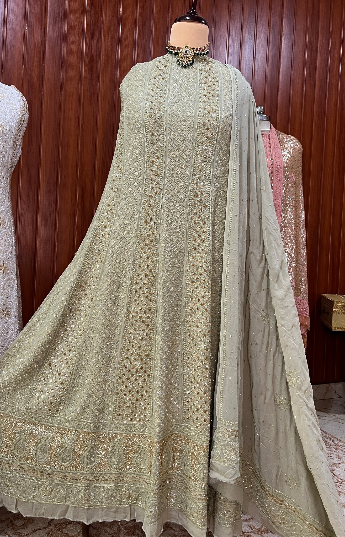Ruhani Sage green Chikankari Sequins and Cut Dana Anarkali