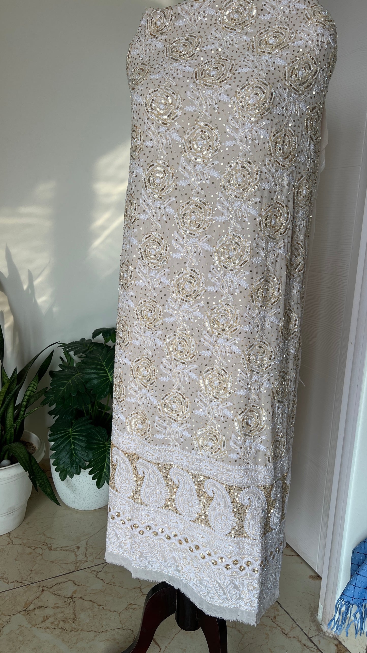 Ruhani Ivory Pink Chikankari golden cut dana sequins kurta and dupatta