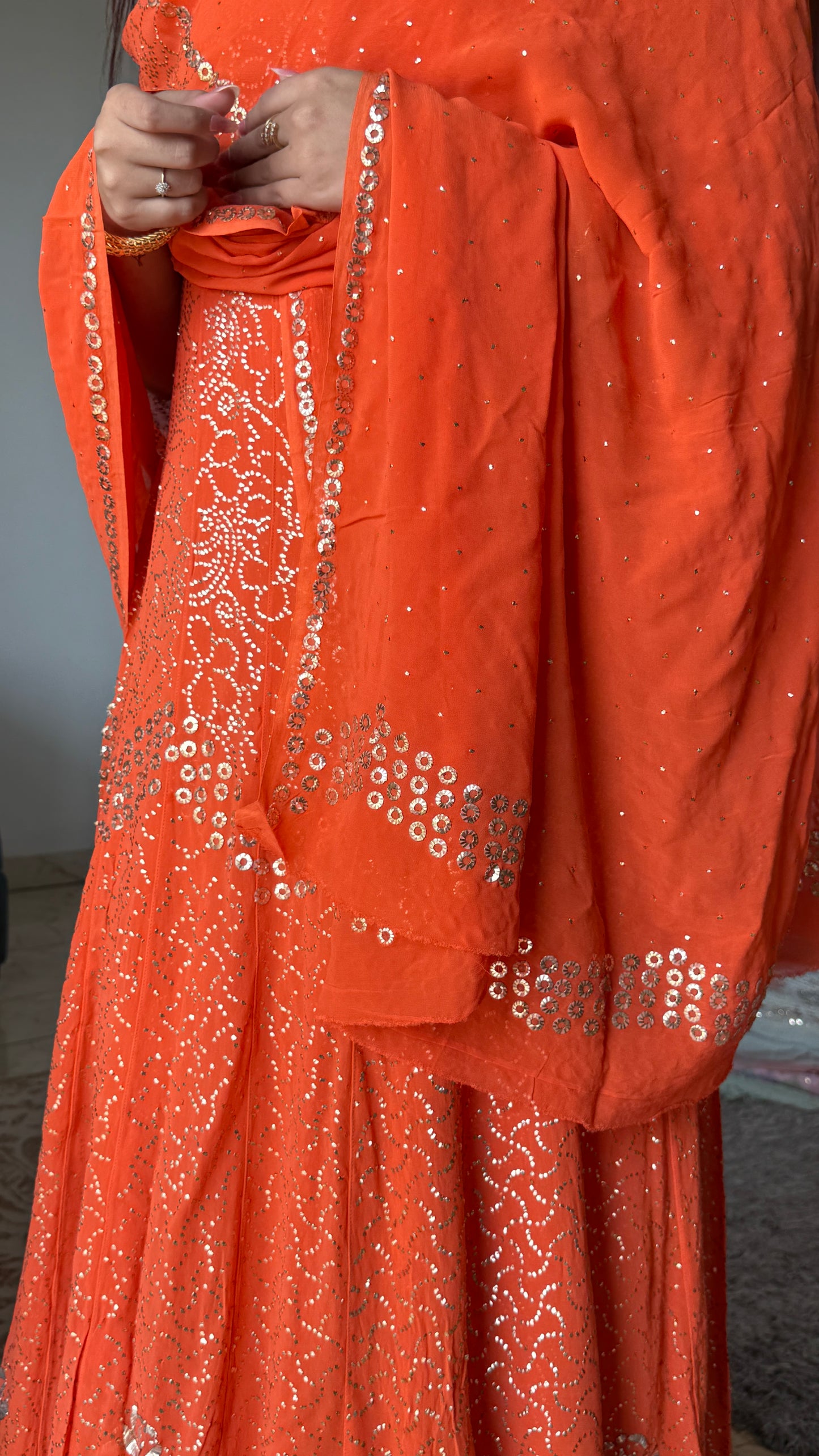 Orange Allover Heavy Mukaish Georgette Anarkali with Dupatta