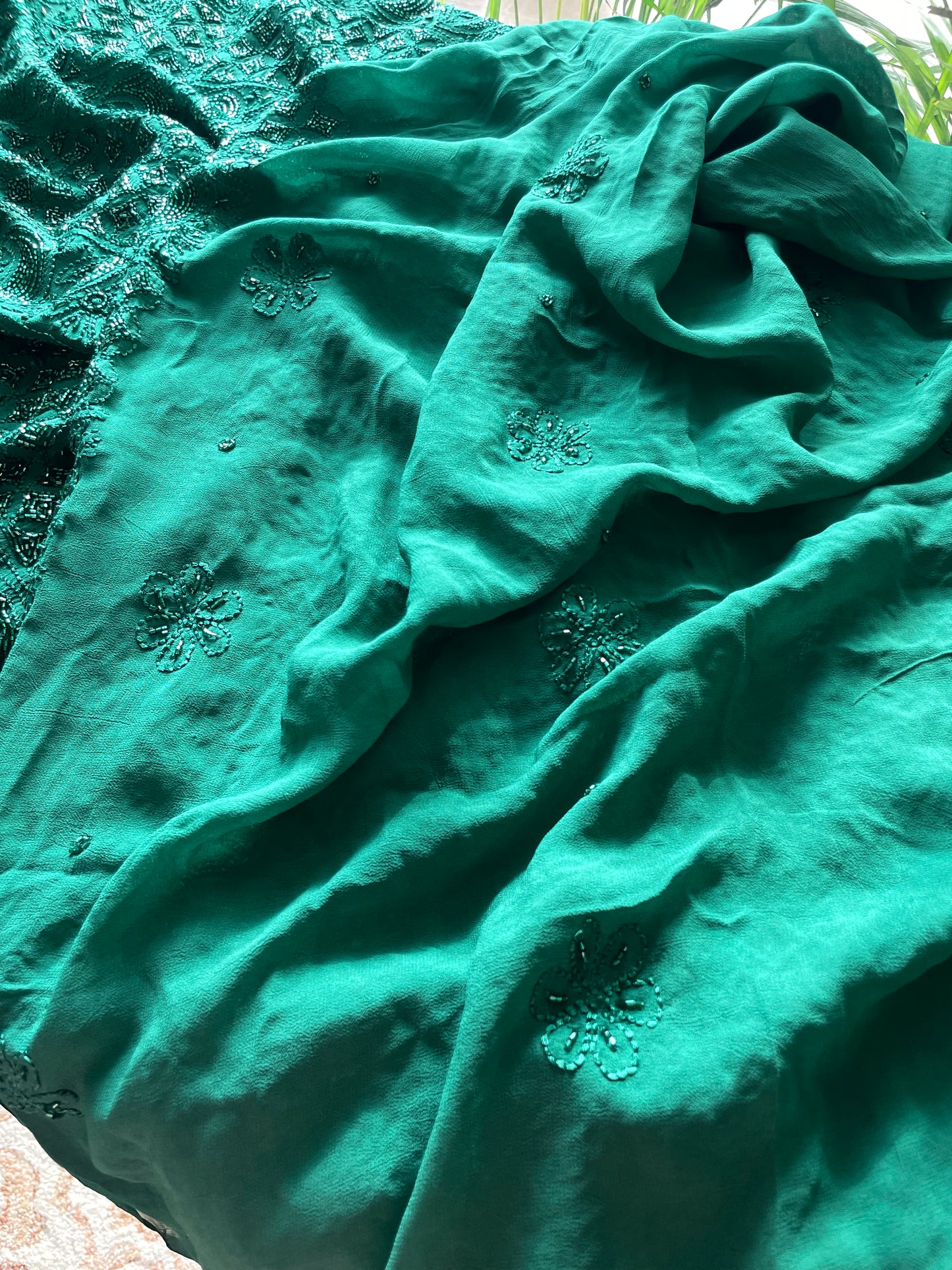 Emerald Green resham Chikankari cut dana sequins work kurta and dupatta