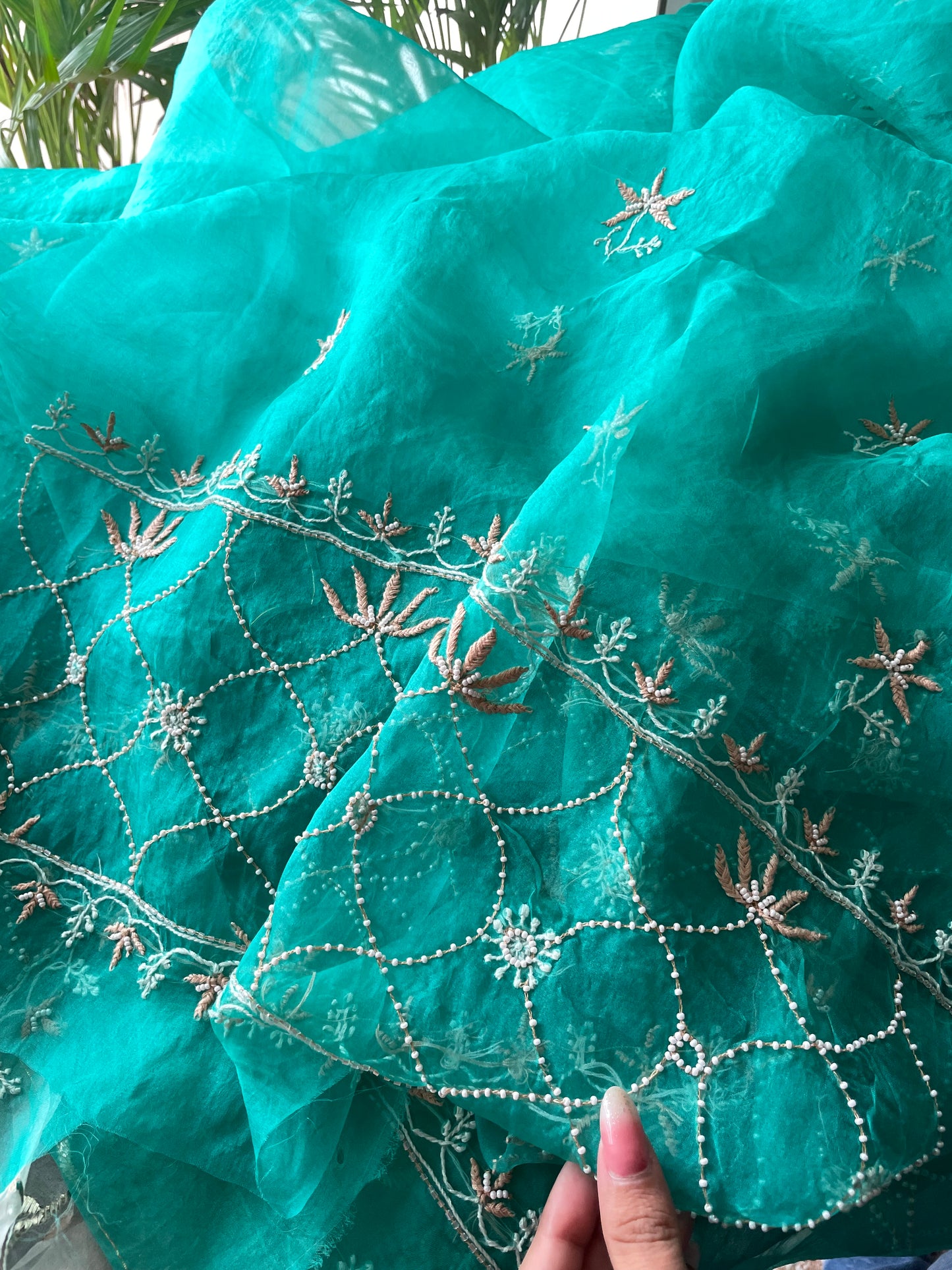 Turquoise green Chikankari pearl cut Dana pure Organza kurta with dupatta