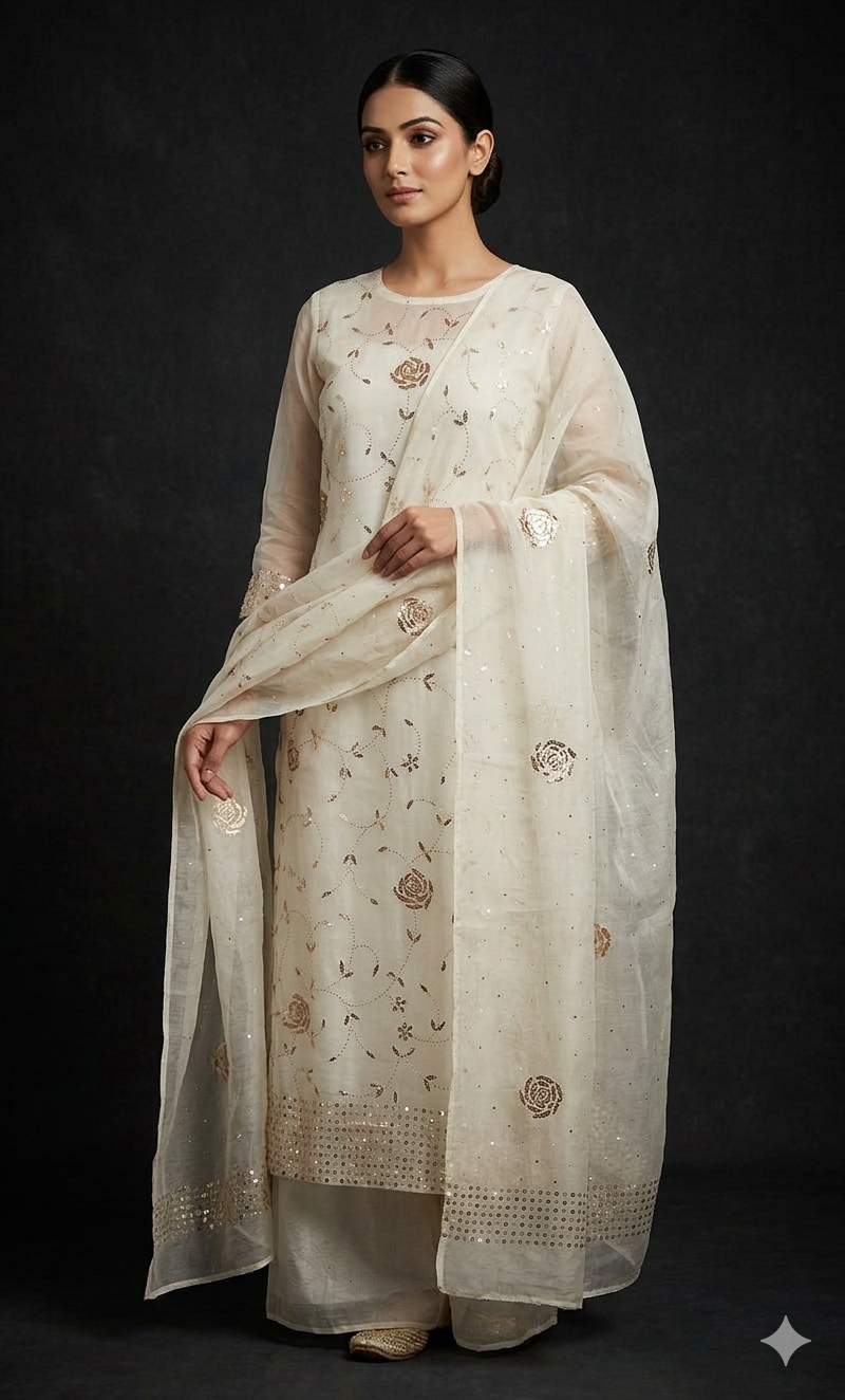 Ivory Gulaab pure organza badla work Kurta and Dupatta