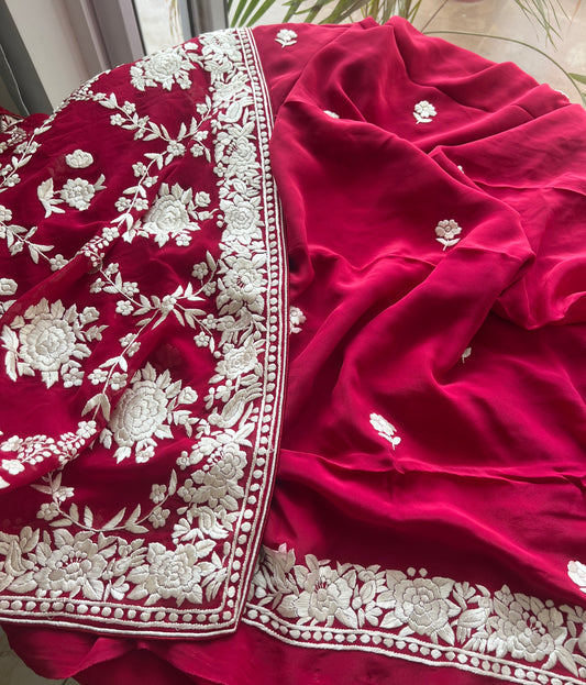 Ruby Red Masterpiece Hand Embroidered Parsi Gara full Suit