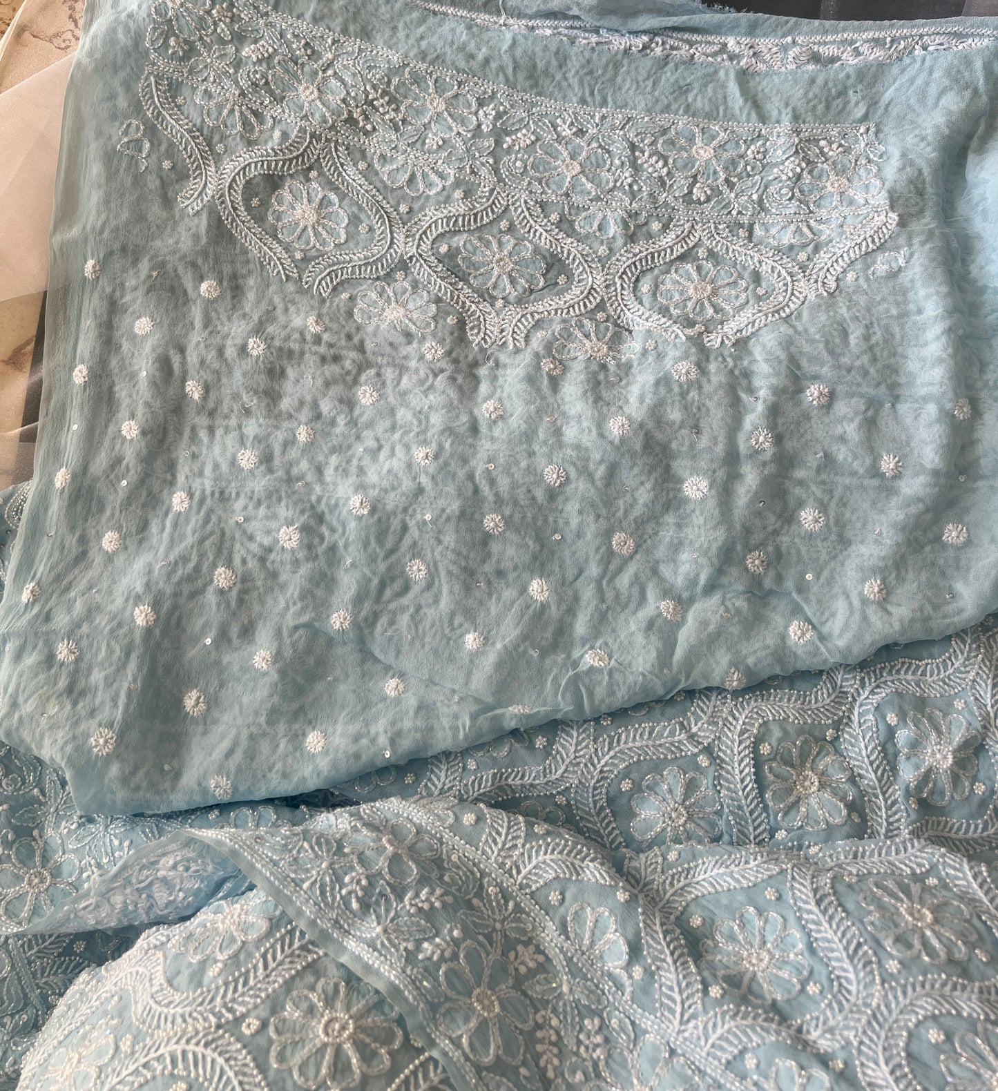 Ruhani Breezy Blue Chikankari Cut Dana and Pearl embroidered Saree