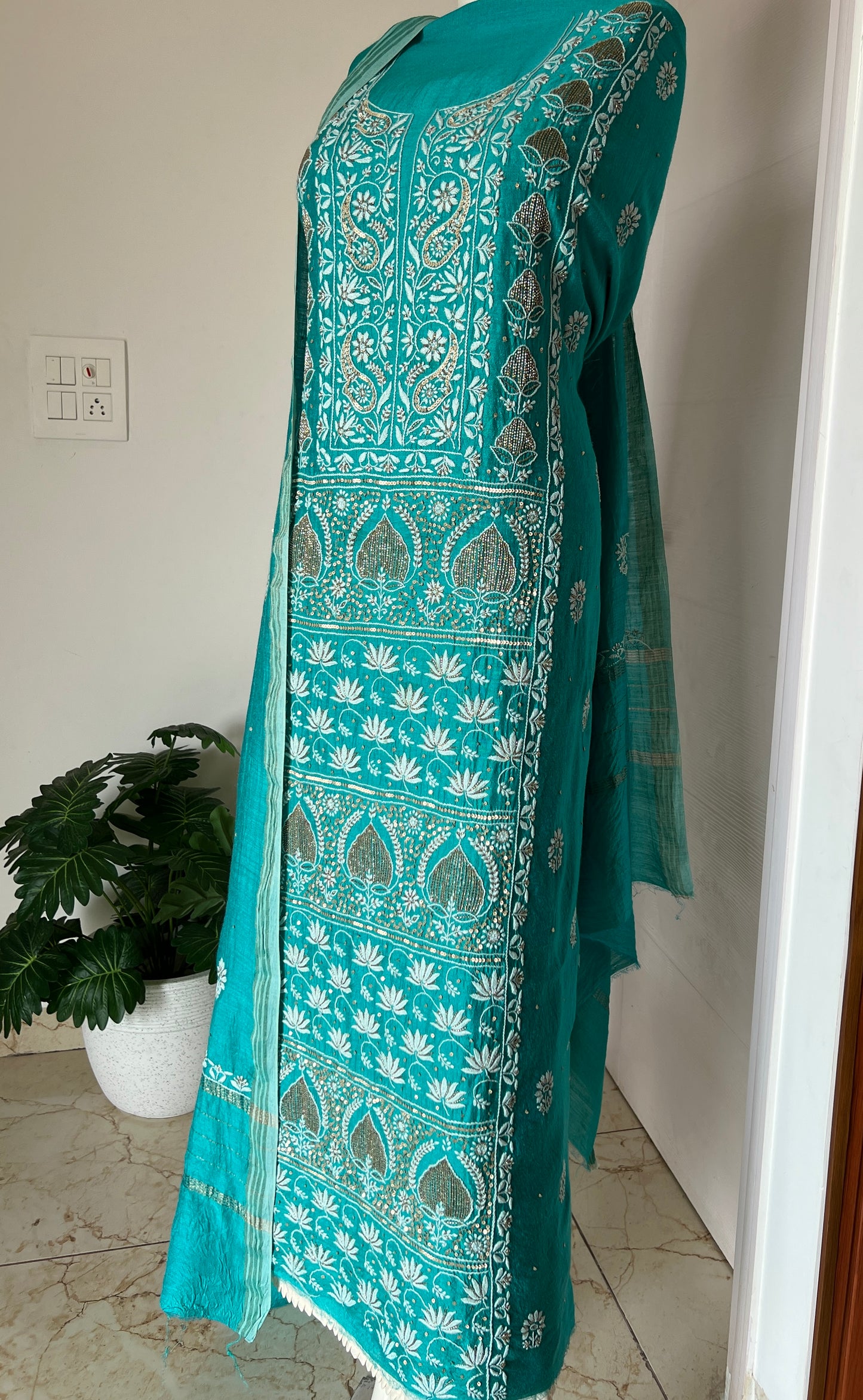 Moonga Silk Chikankari golden cut dana sequins kurta and dupatta