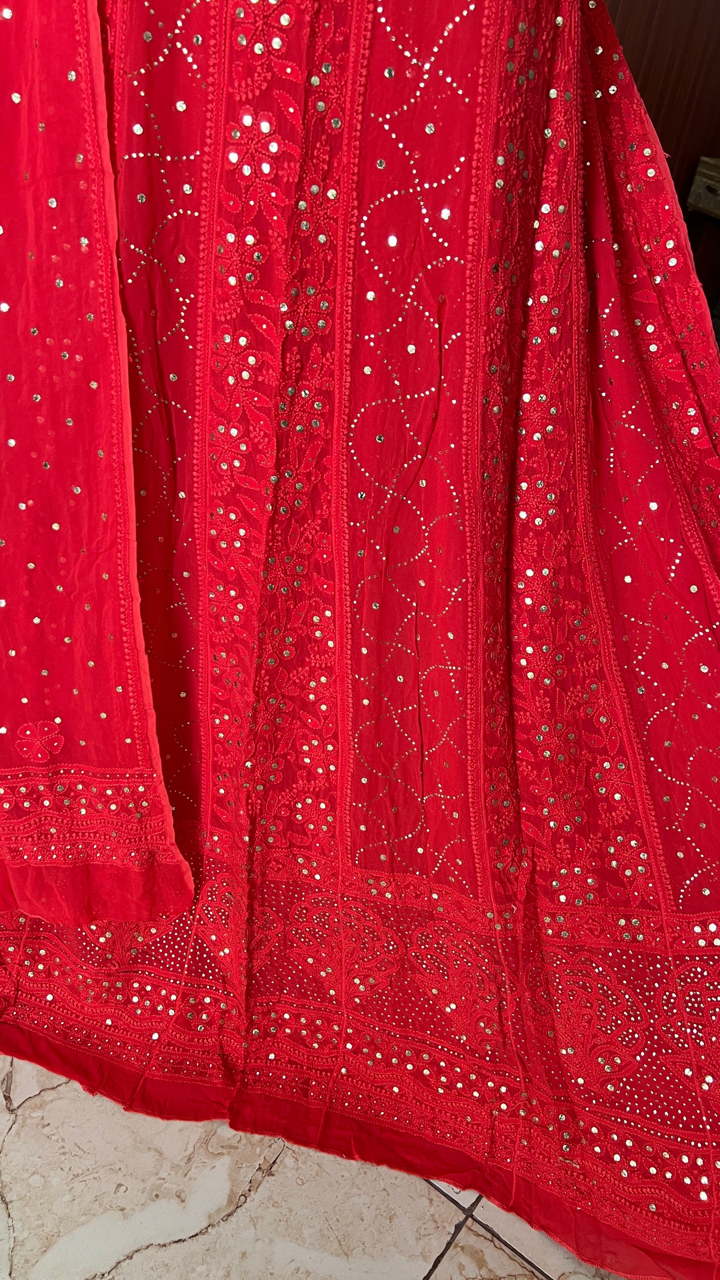Red allover Chikankari and mukaish anarkali with dupatta