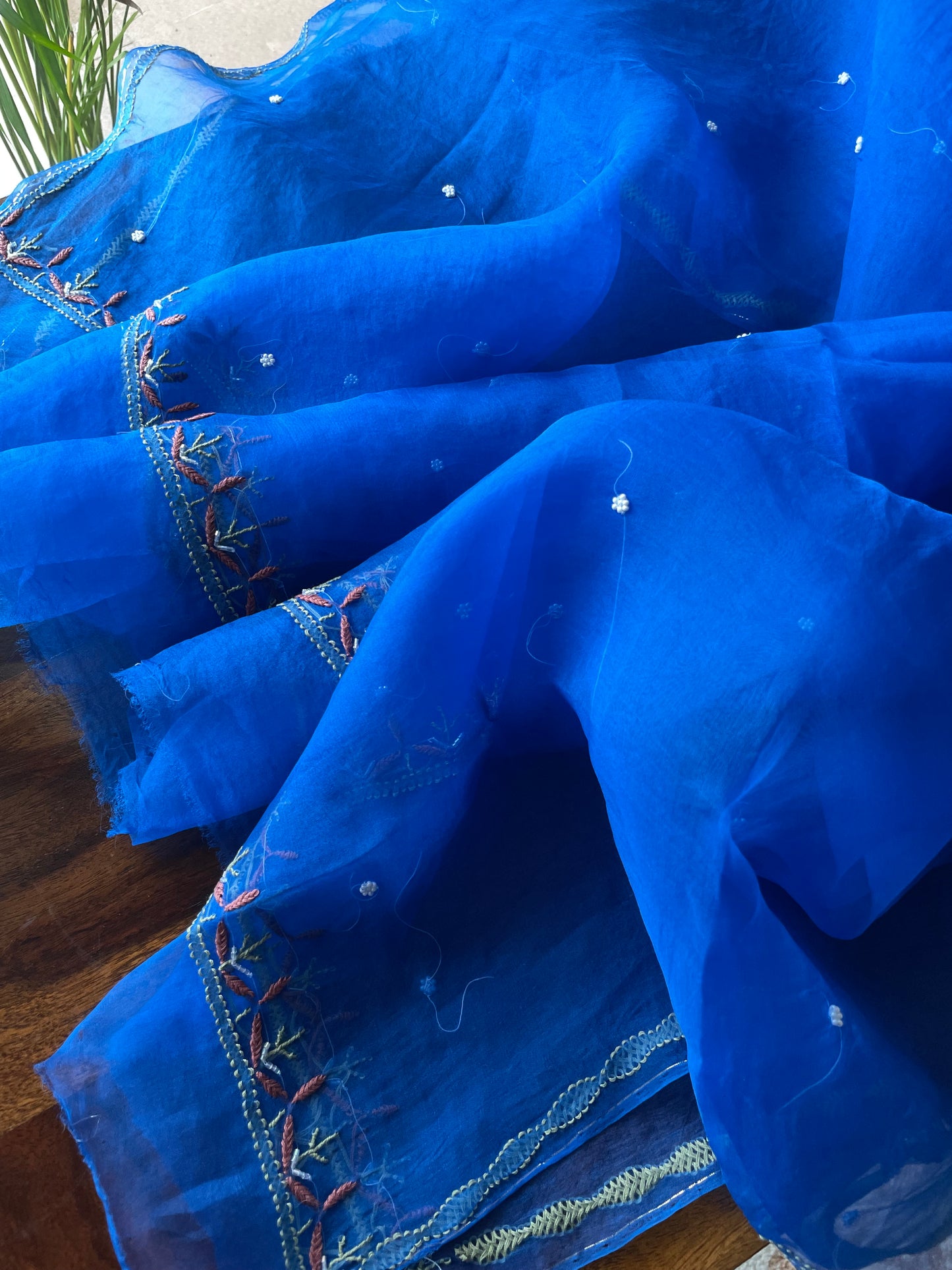 Royal Blue Chikankari pearl sequins pure Organza kurta with dupatta