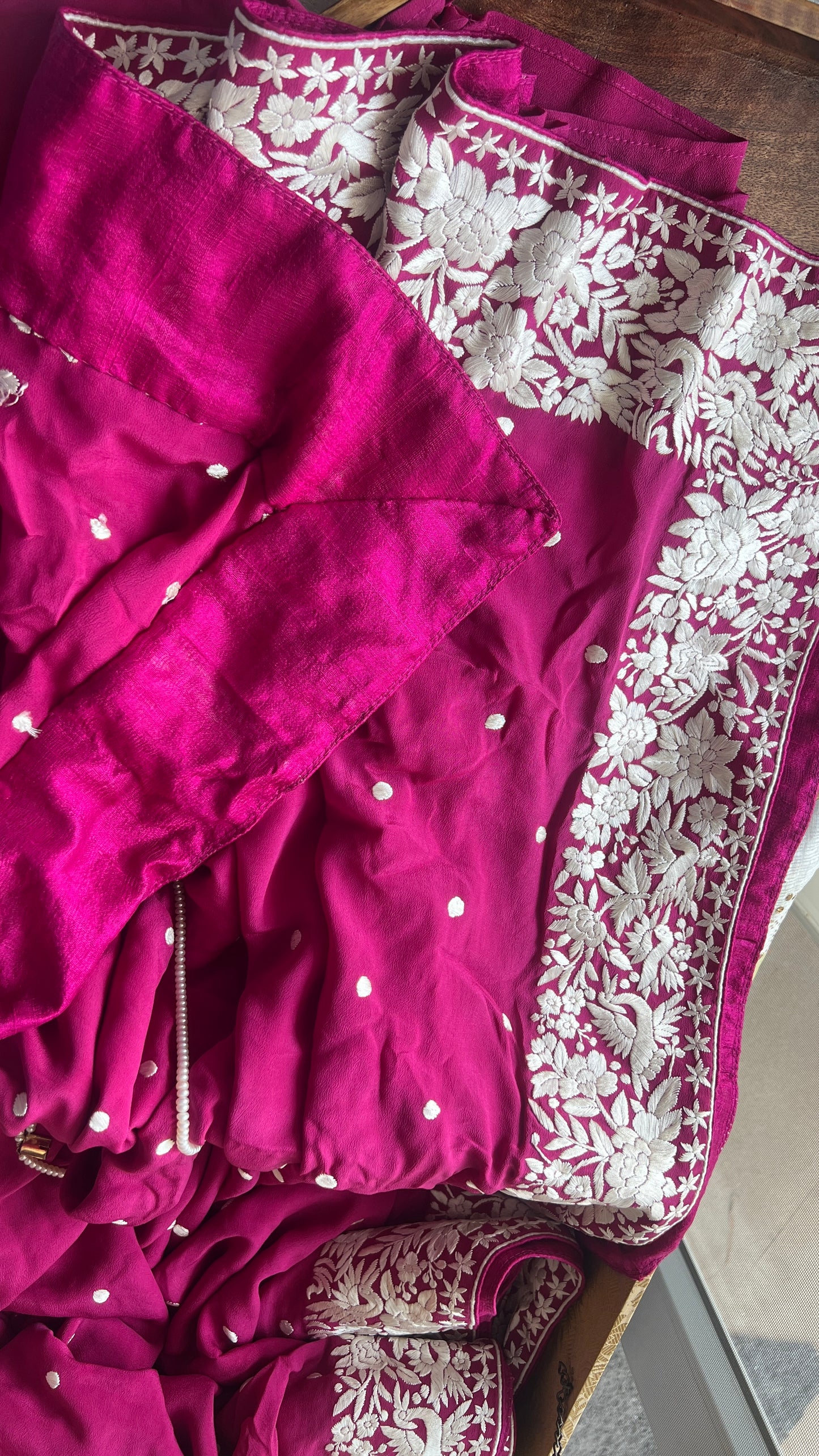 Fuchsia Pink Pure Crepe Parsi Gara Hand Embroidered Saree