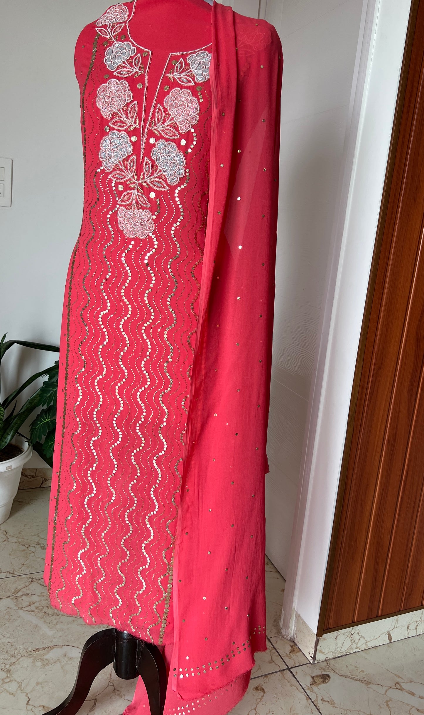 Raspberry red mukaish and cut Dana work Kurta and Dupatta