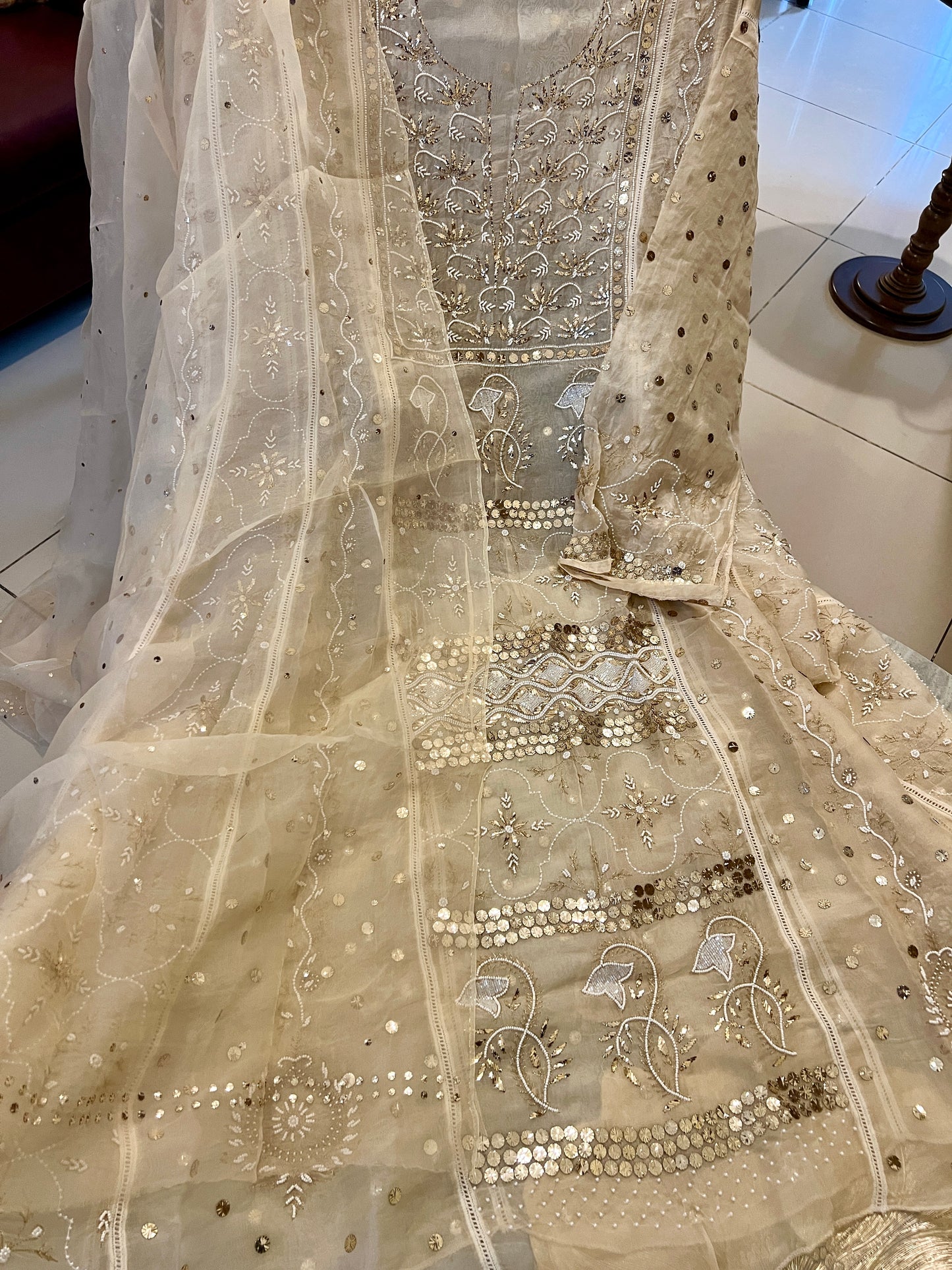 Pure Organza Anarkali with mukaish sequins and pearl work