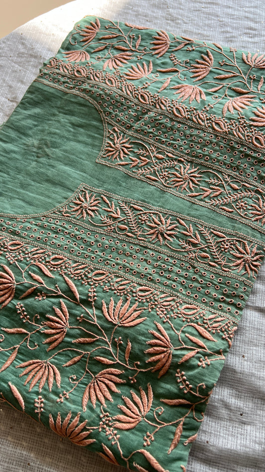 Emerald green Mul chanderi Chikankari embroidered kurta and dupatta