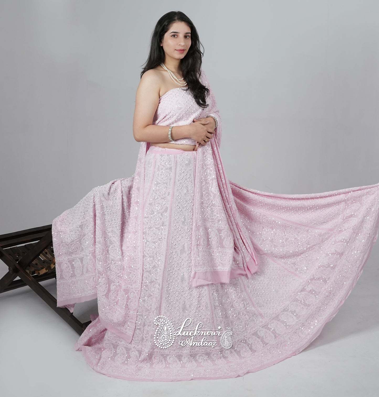 Ruhani Pink Chikankari Pearl Cut Dana Sequins Wedding Lehenga