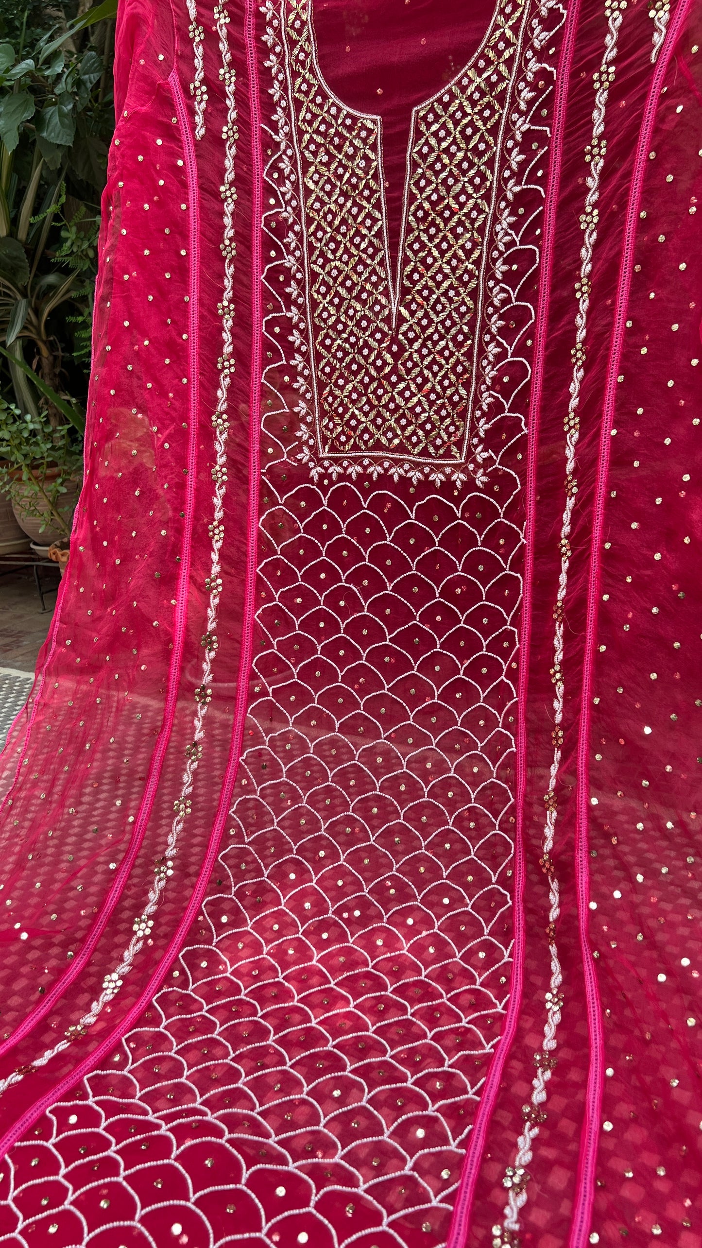 Fuchsia Pink Mukaish Pearl work Pure Organza kurta with dupatta