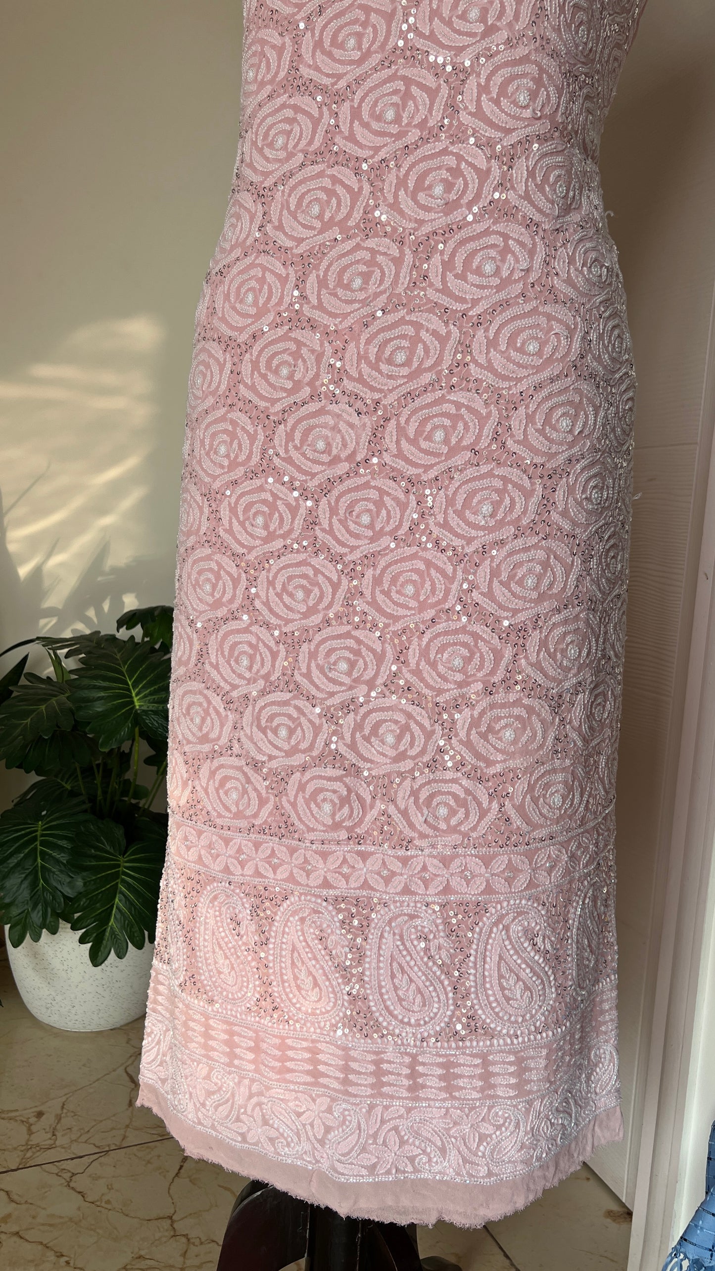 Blush pink fine Chikankari Pearl and sequins Embroidered Kurta and Dupatta