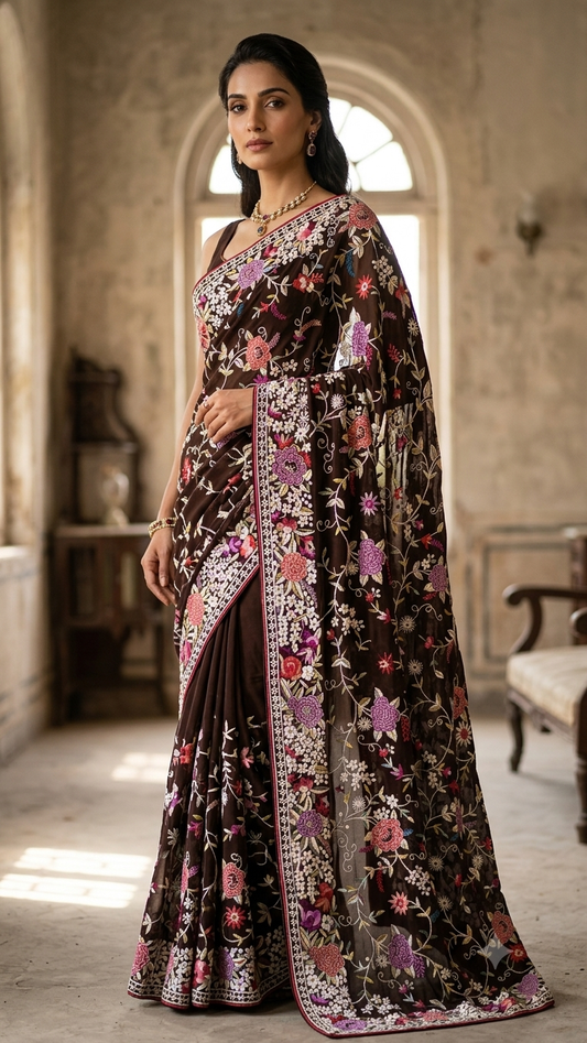 Coffee Brown Masterpiece French knot and Parsi Gara Saree