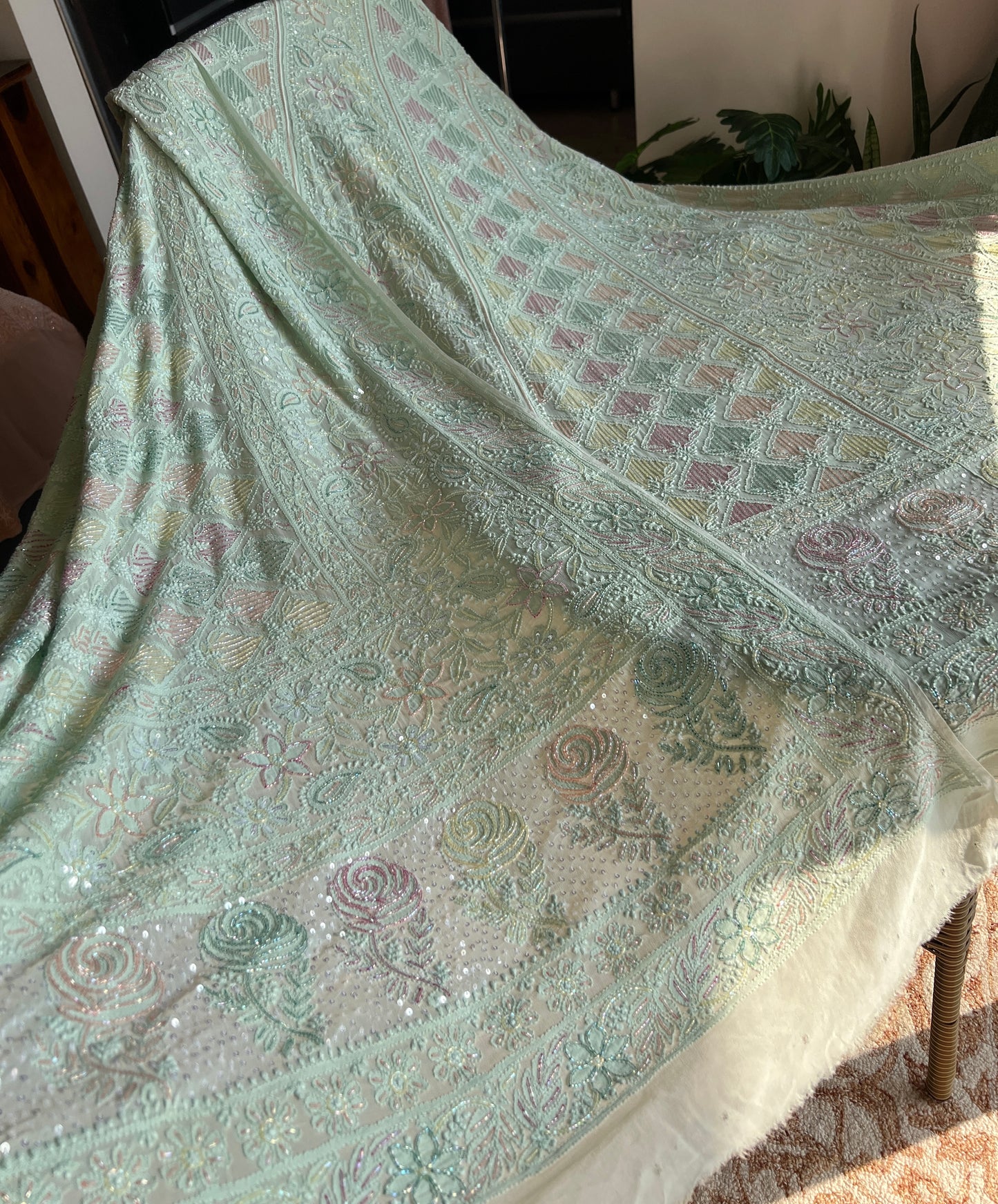 Mint green Chikankari multi Cut Dana Sequins Lehenga