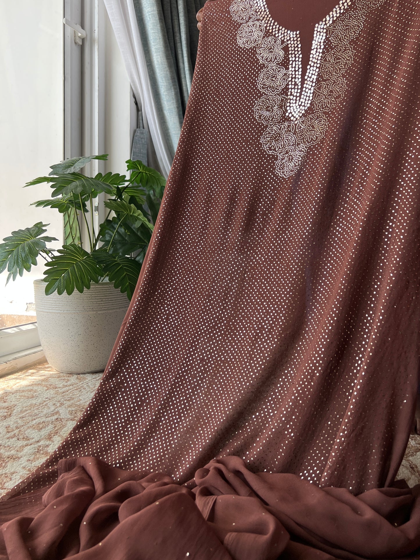 Brown bareek mukaish work Kurta and Dupatta