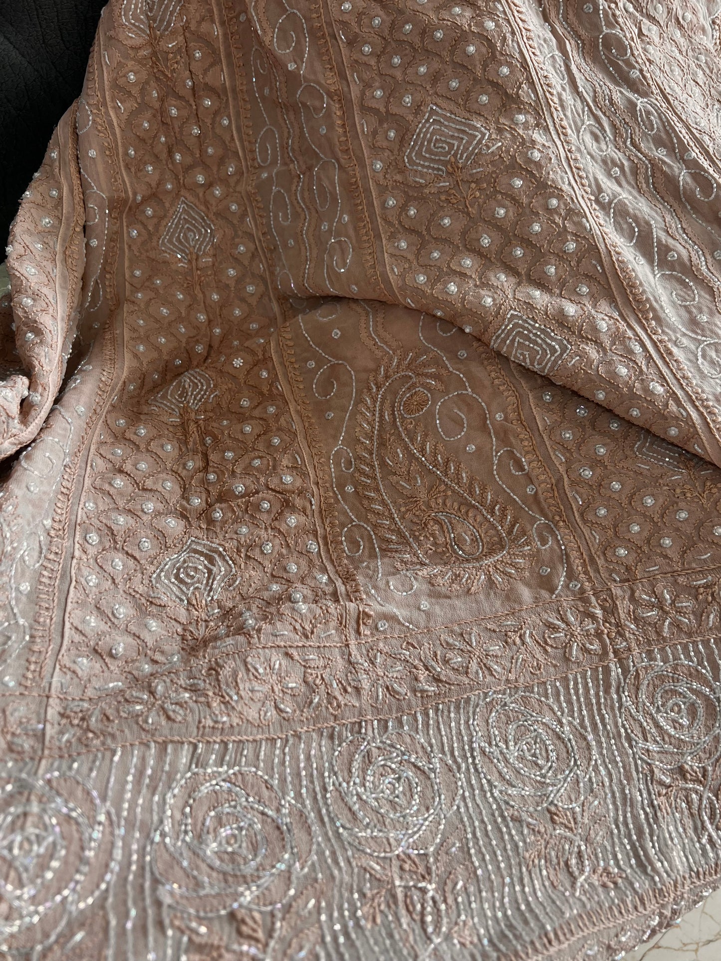 Beige Chikankari Pearl Cut Dana Sequins Embroidered Anarkali with Dupatta