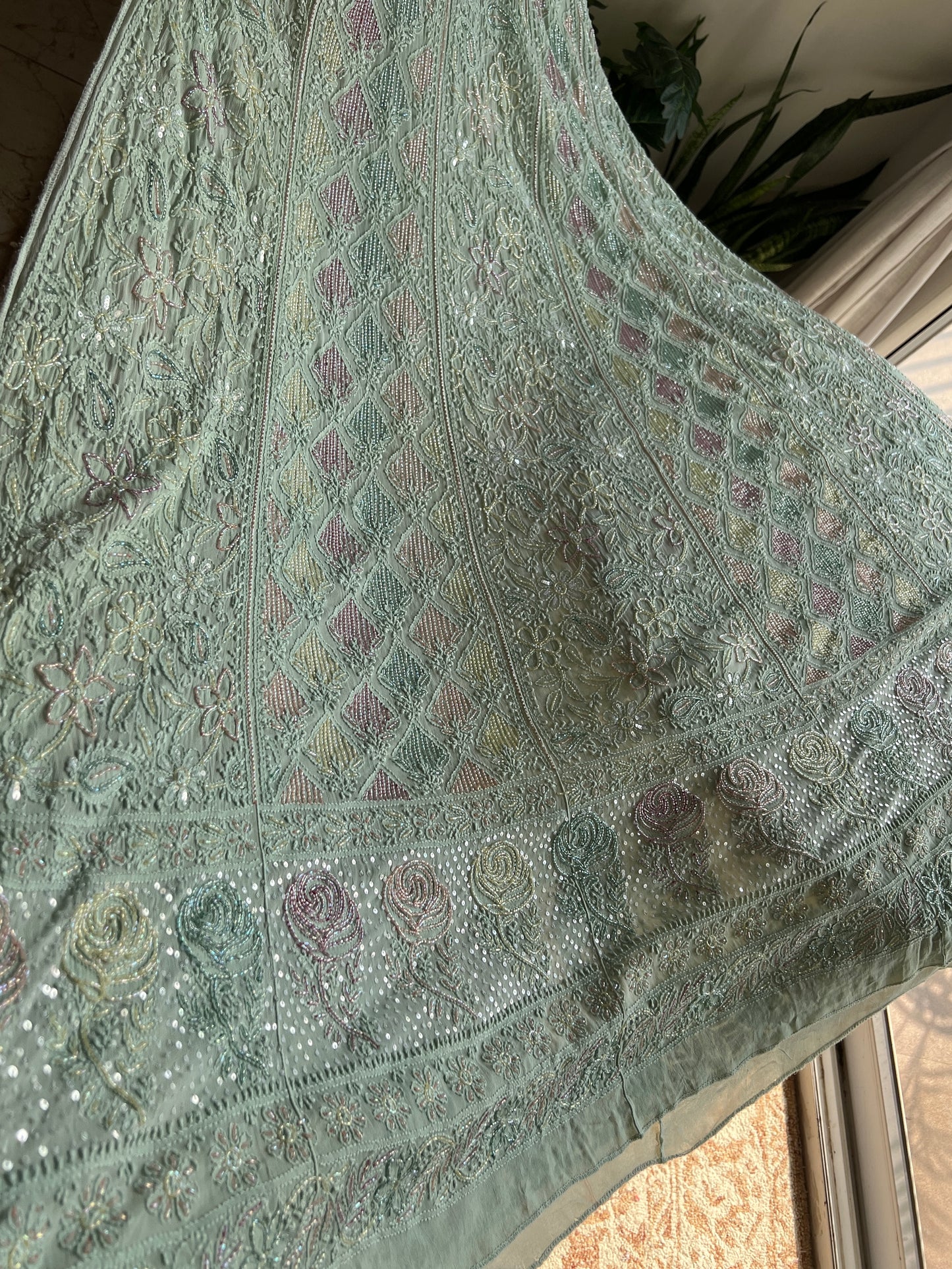 Mint green Chikankari multi Cut Dana Sequins Lehenga